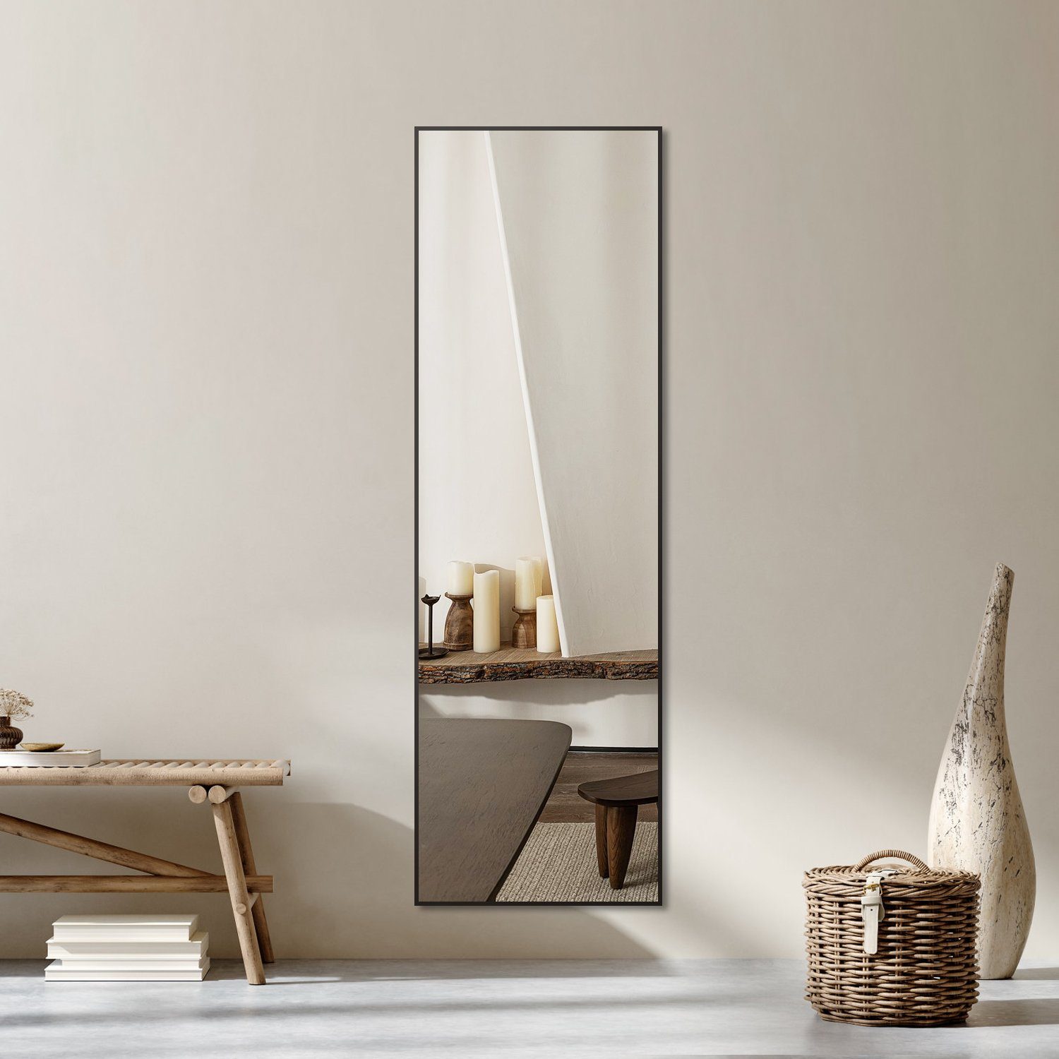 Boromal Standspiegel Ganzkörperspiegel Wandspiegel Spiegel groß Schwarz  150x50cm Alu-Rahmen (Hochspiegel eckig, mit Metall-Haken), HD Kupfer- und  bleifreier Spiegel, Freistehend, Wandmontage