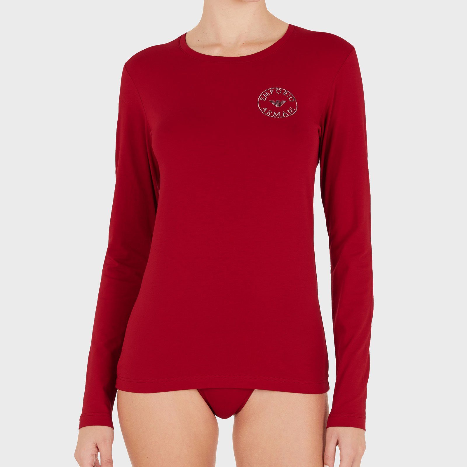 Emporio der T-Shirt aus auf Markenlogo und L/S red ruby mit Brust Neck Markenschriftzug 00173 Round Strasssteinen Armani
