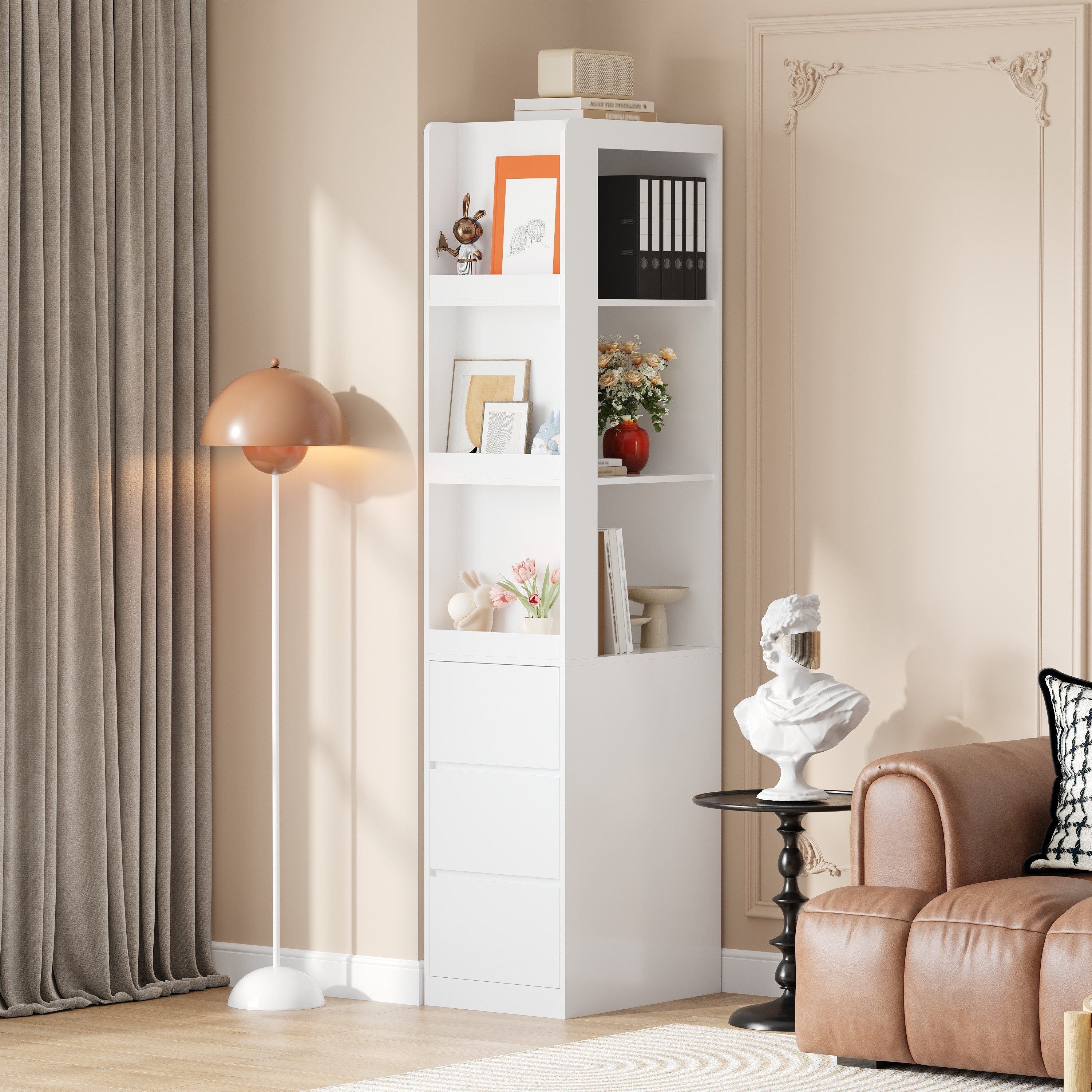Flieks Eckschrank Bücherregal mit 3 seitlichen Schubladen und austauschbarer Ablagen (1-St., B40/T60/H200 cm) Standregal Mehrzweckschrank Eckregal Wohnzimmersch – Bild 3 von 5