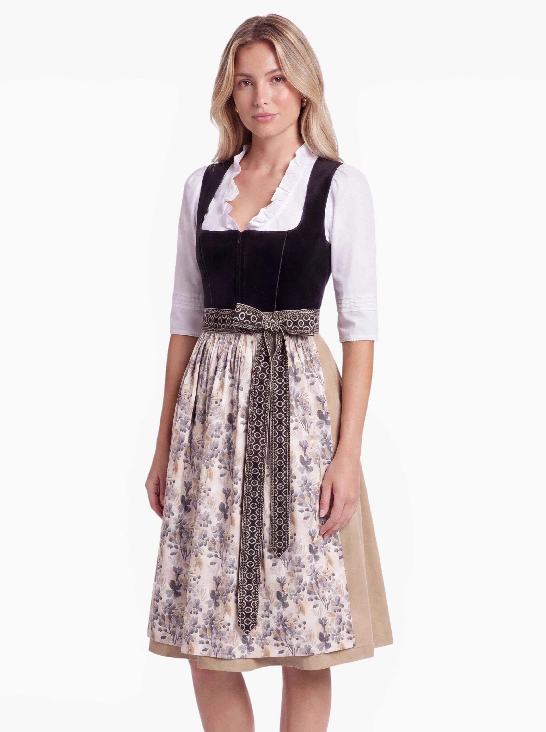 Moschen-Bayern Dirndl Paula Krüger Dirndl Midi 70 cm Rock Samtmieder mit florale Schürze
