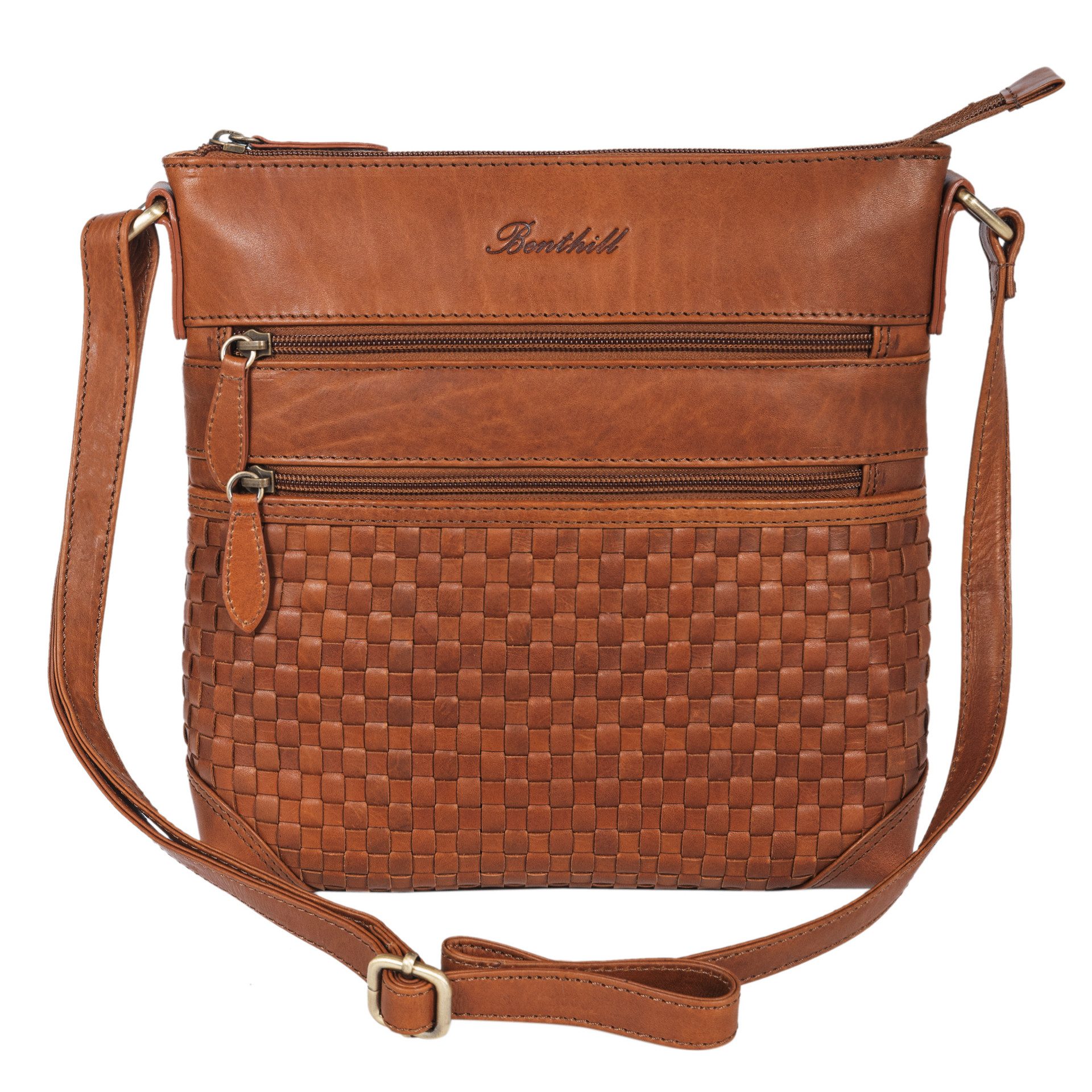Benthill Umhängetasche Damen Echt Leder Schultertasche Vintage Handtasche geflochtenem Muster, Schultergurt / Umhängegurt Reißverschlussfach – Bild 2 von 5