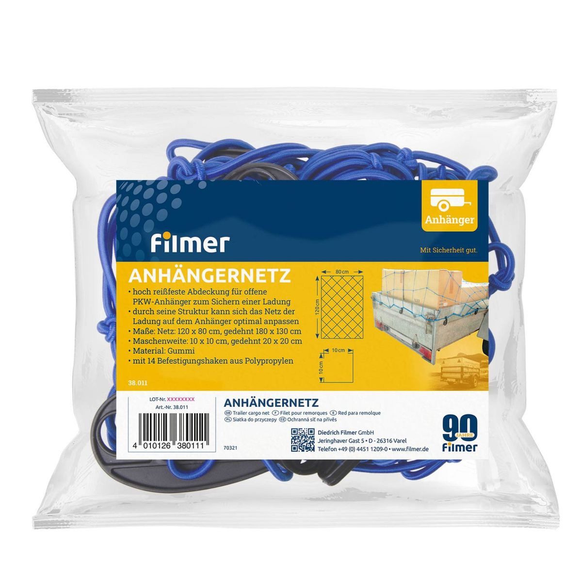 Filmer Anhängernetz Anhängernetz 120 x 80 cm Schutznetz Anhänger Ladungssicherung, rundum Gummigurt