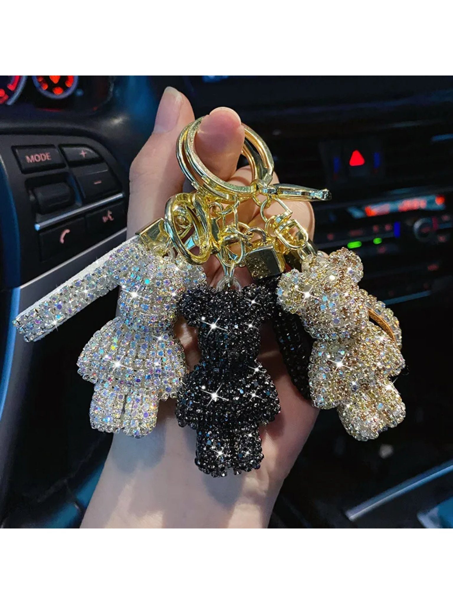 Steinfixx® Schlüsselanhänger Edler Strass Teddybär Cartoon Schlüsselanhänger mit Lederband (Teddybär Anhänger mit Schlüsselring und Karabinerhaken sowie Schlauf – Bild 4 von 4