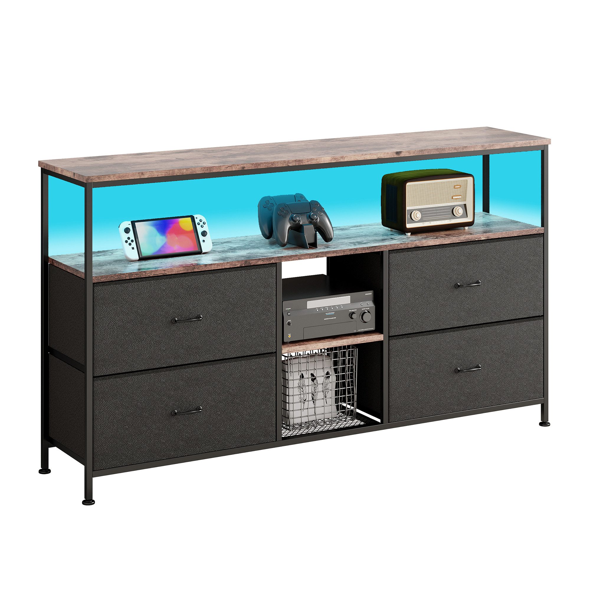 FUROKOY TV-Schrank Lowboard TV-Bank (Fernsehschrank Sideboard-Schrank mit 3 Regal und 4 Stoff Schubladen, für Wohnzimmer Schlafzimmer, Schwarz, 108 x 29.8 x 76.8cm)