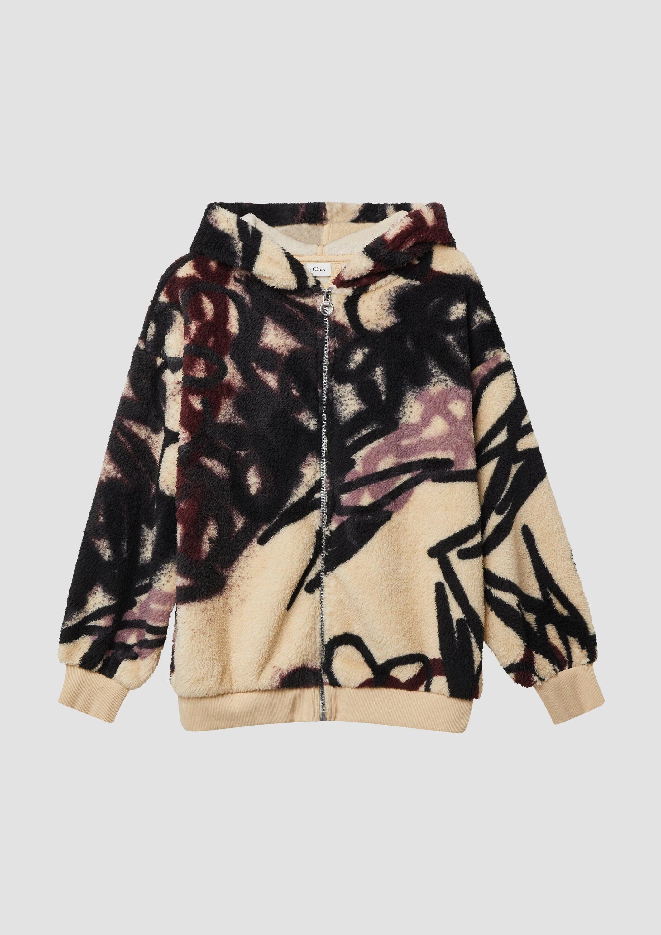 s.Oliver Funktionsjacke Indoor-Jacke Kuschelige Oversize-Jacke aus Teddy-Plüsch mit Graffiti-Print