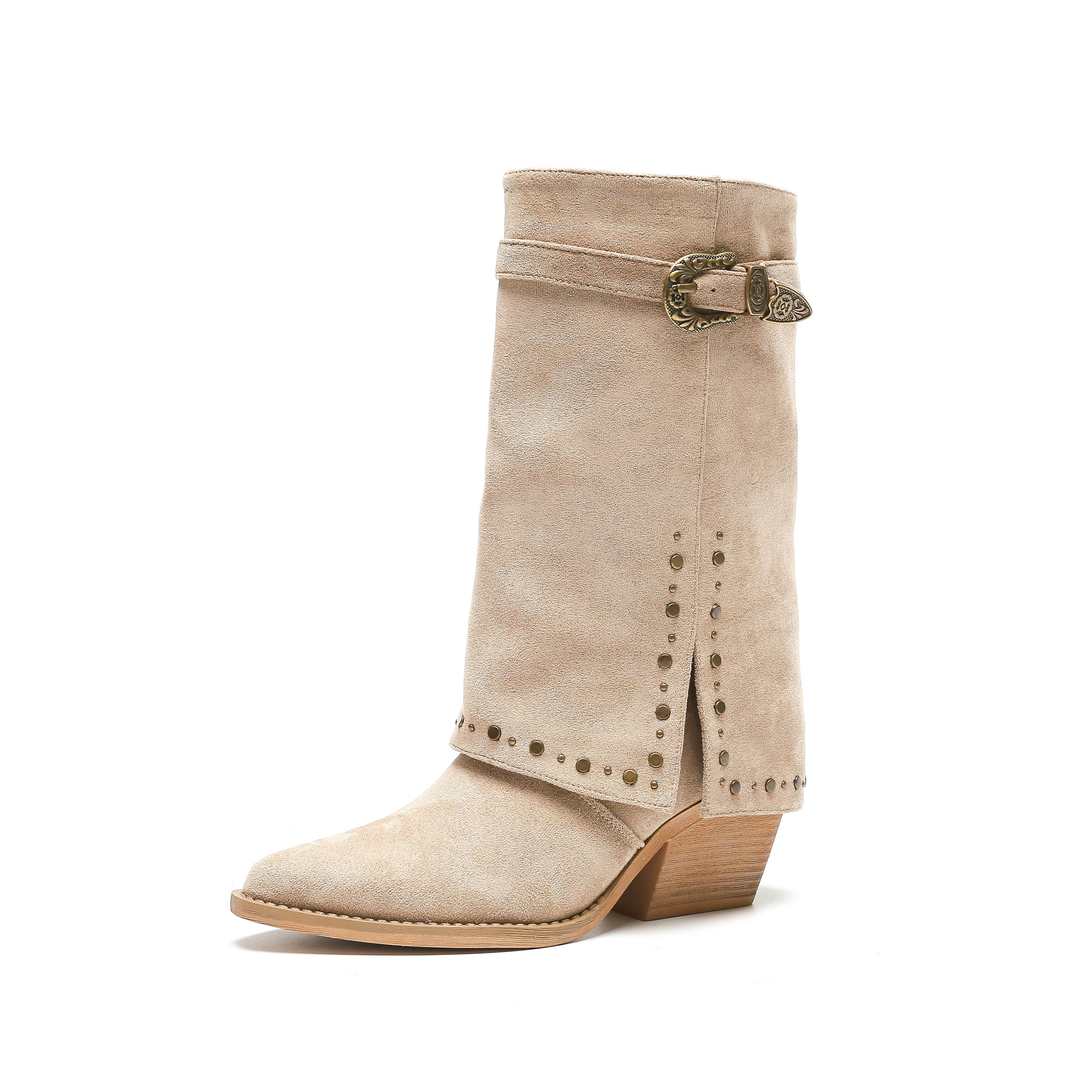 Salinyang Damen Western Boots in Wildlederoptik – Cowboy mit Schnalle und Nieten Westernstiefel