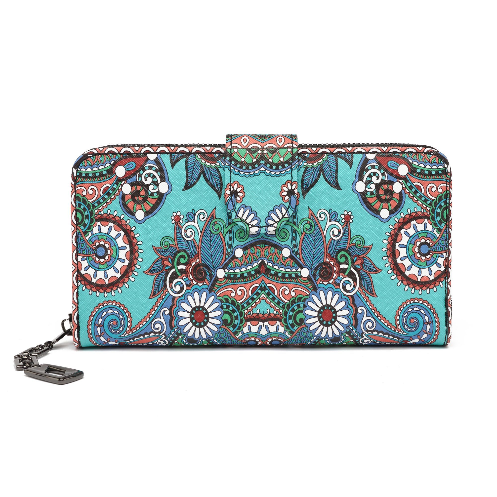 TAN.TOMI Geldbörse Geldbeutel mit Blumen- und Blütenmuster im Mandala Stil (Einzigartigem Mandala-Blumenmuster, elegante Retro Brieftasche), Praktische Aufteilung mit viel Platz Gruene Blume