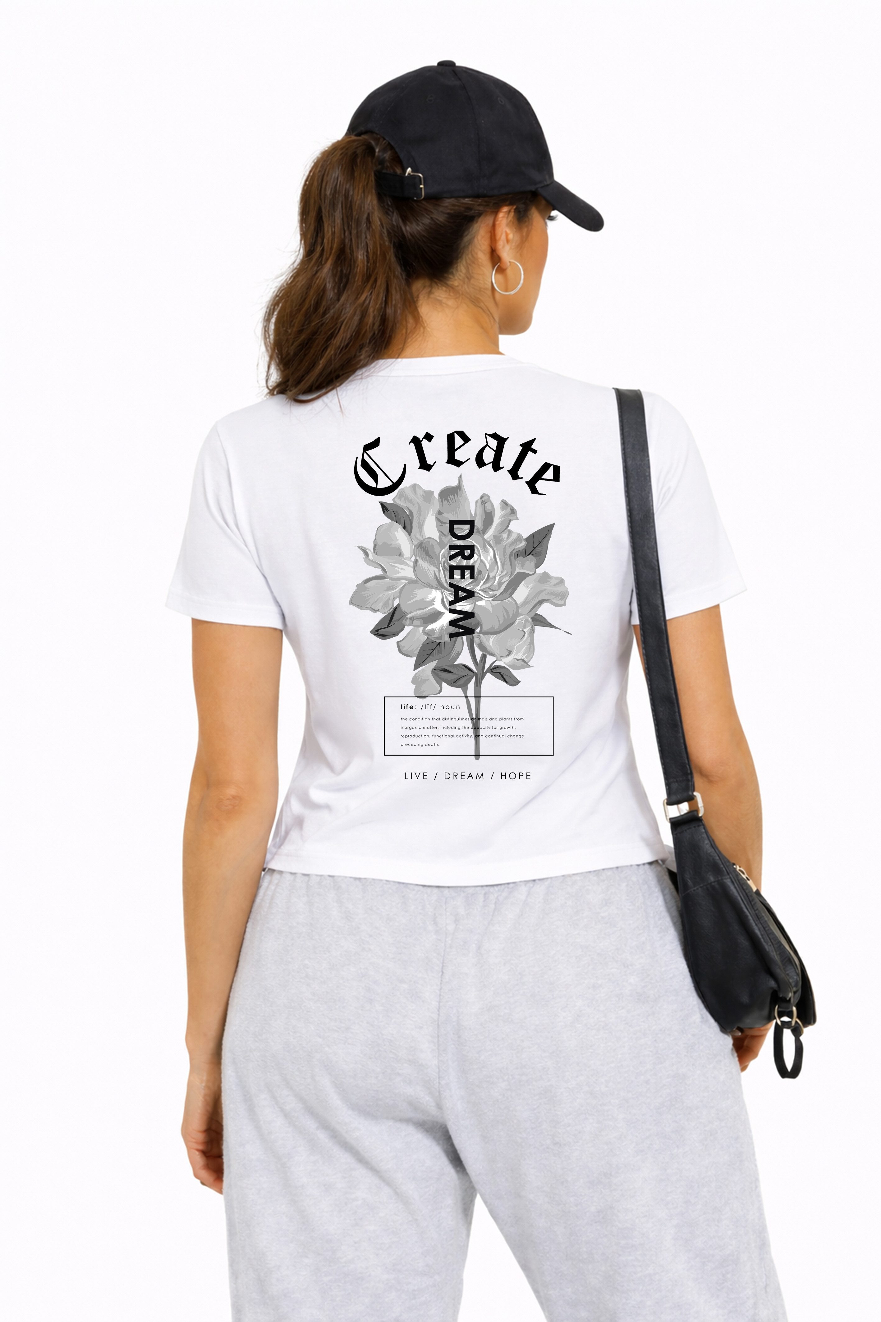 T-Shirt Damen "Create Dream" - schwarzes Kurzarmshirt mit Blumenprint