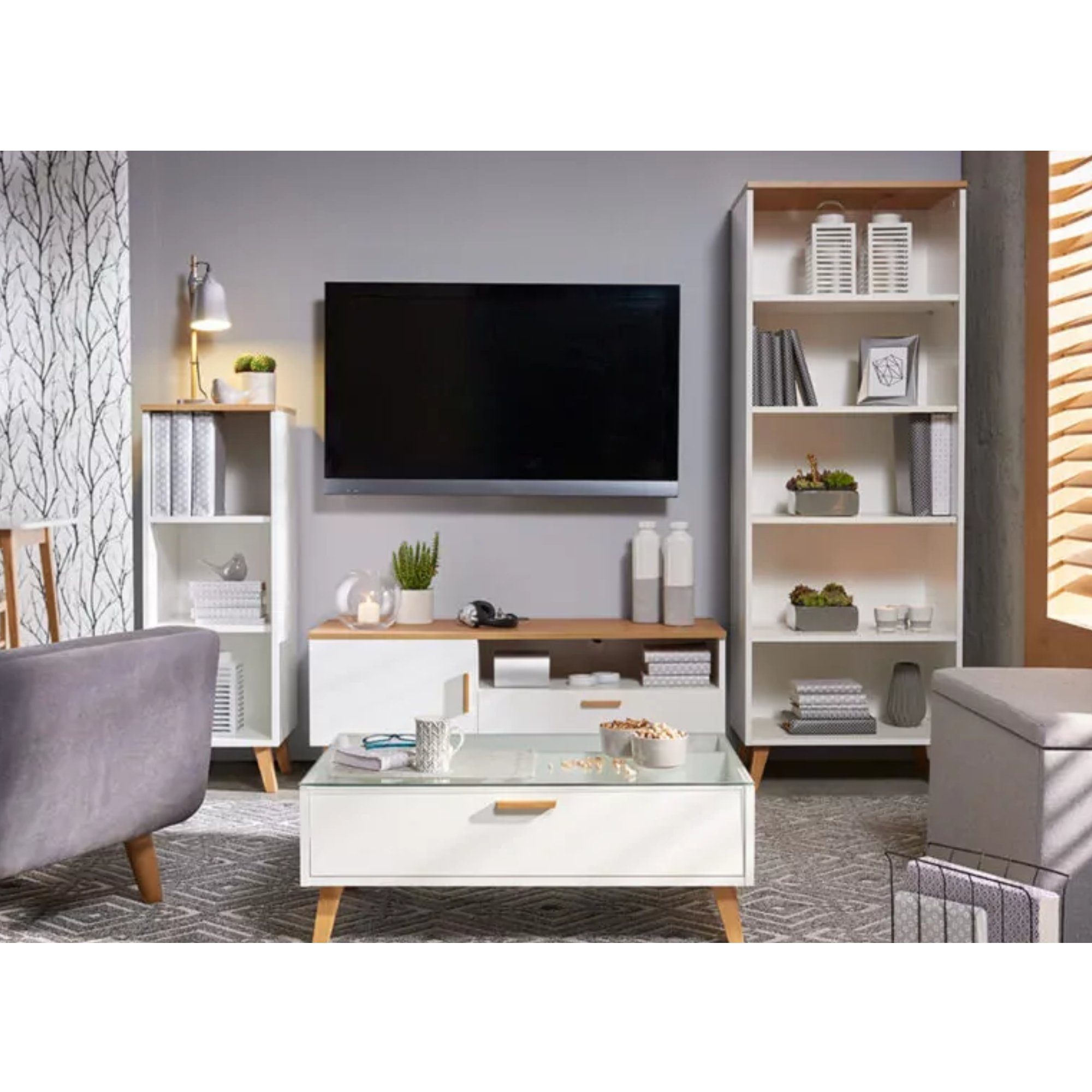 KONSIMO® Bücherregal FRISK Bücherschränke Standregale Aktenregale, 4 Einlegeböden, Skandinavischen Stil, Eichenholzbeine