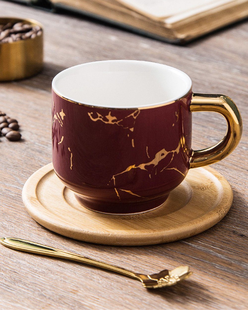 Dekorative Kaffeeservice Cappuccinotasse mit Teetablett, Keramik-Kaffeetasse (1-tlg), Teetasse mit Untertassen und Löffel, Ceramic Teetasse Set Rot