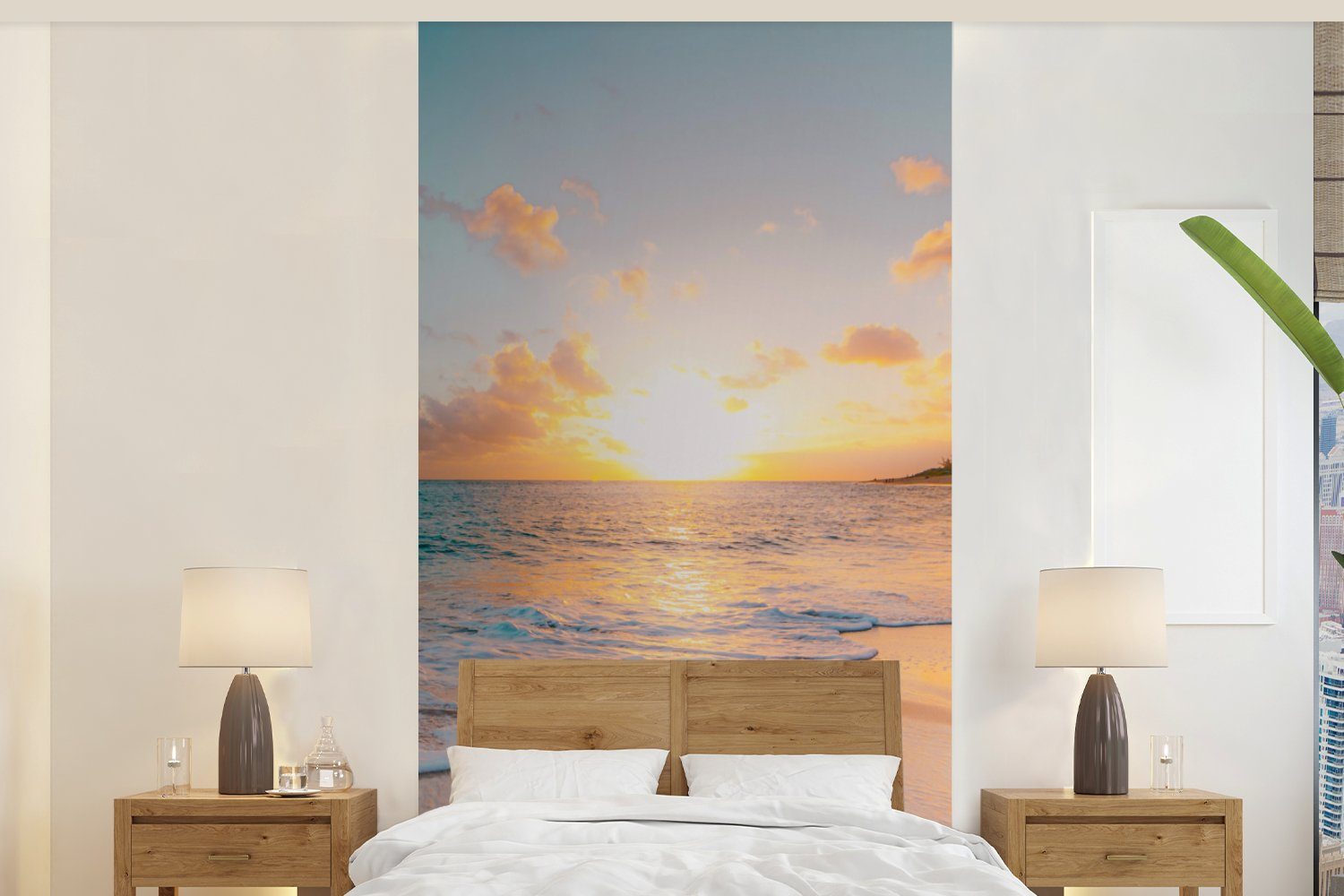 - (2 St), Küche, Strand Schlafzimmer bedruckt, Vliestapete für Matt, Sonnenuntergang - - Blau, Fototapete Wohnzimmer MuchoWow Meer Fototapete - Sommer