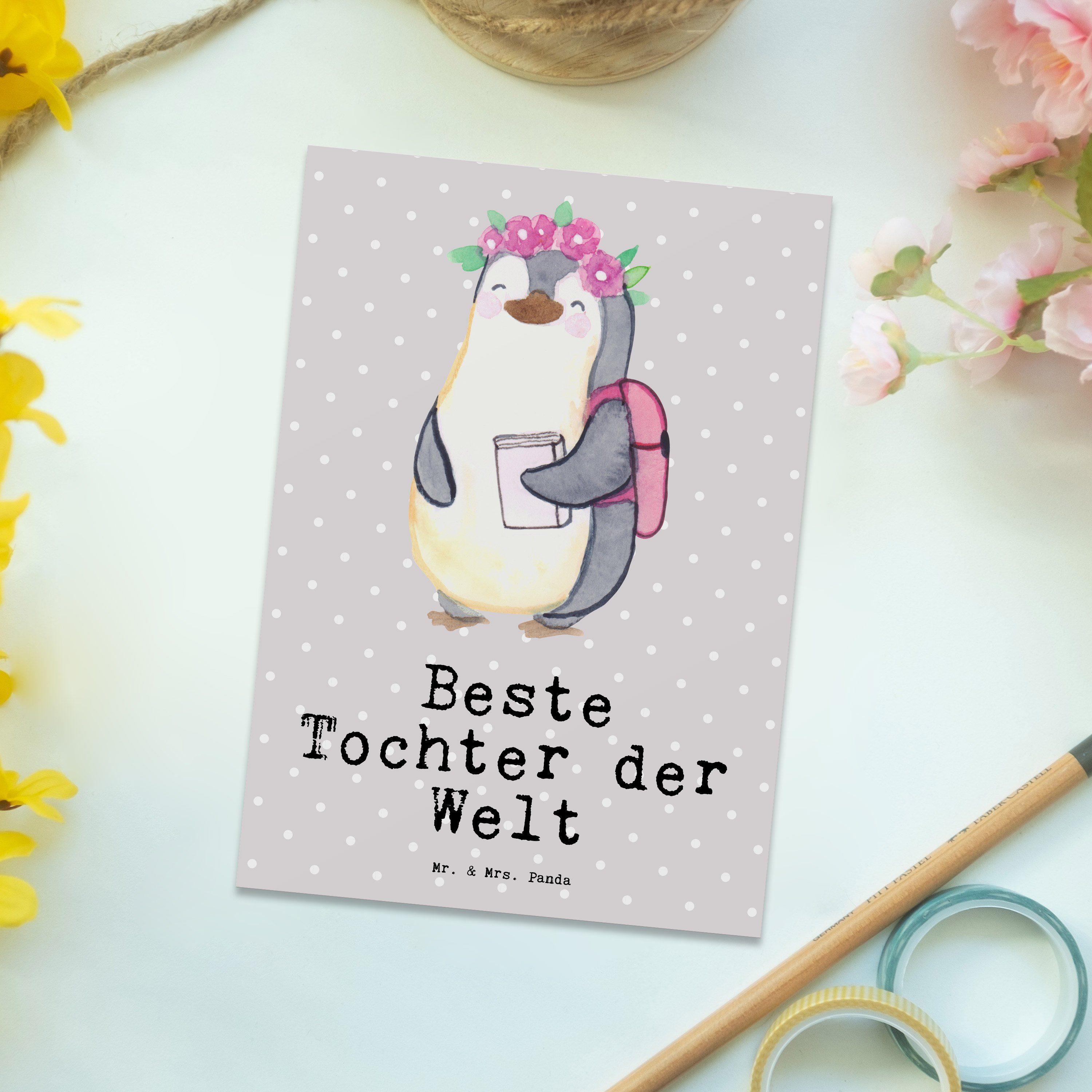 Grau Karte, der Mrs. Geschenk, Pastell Welt Beste & - Pinguin Panda Tochter - Gebu Postkarte Mr.