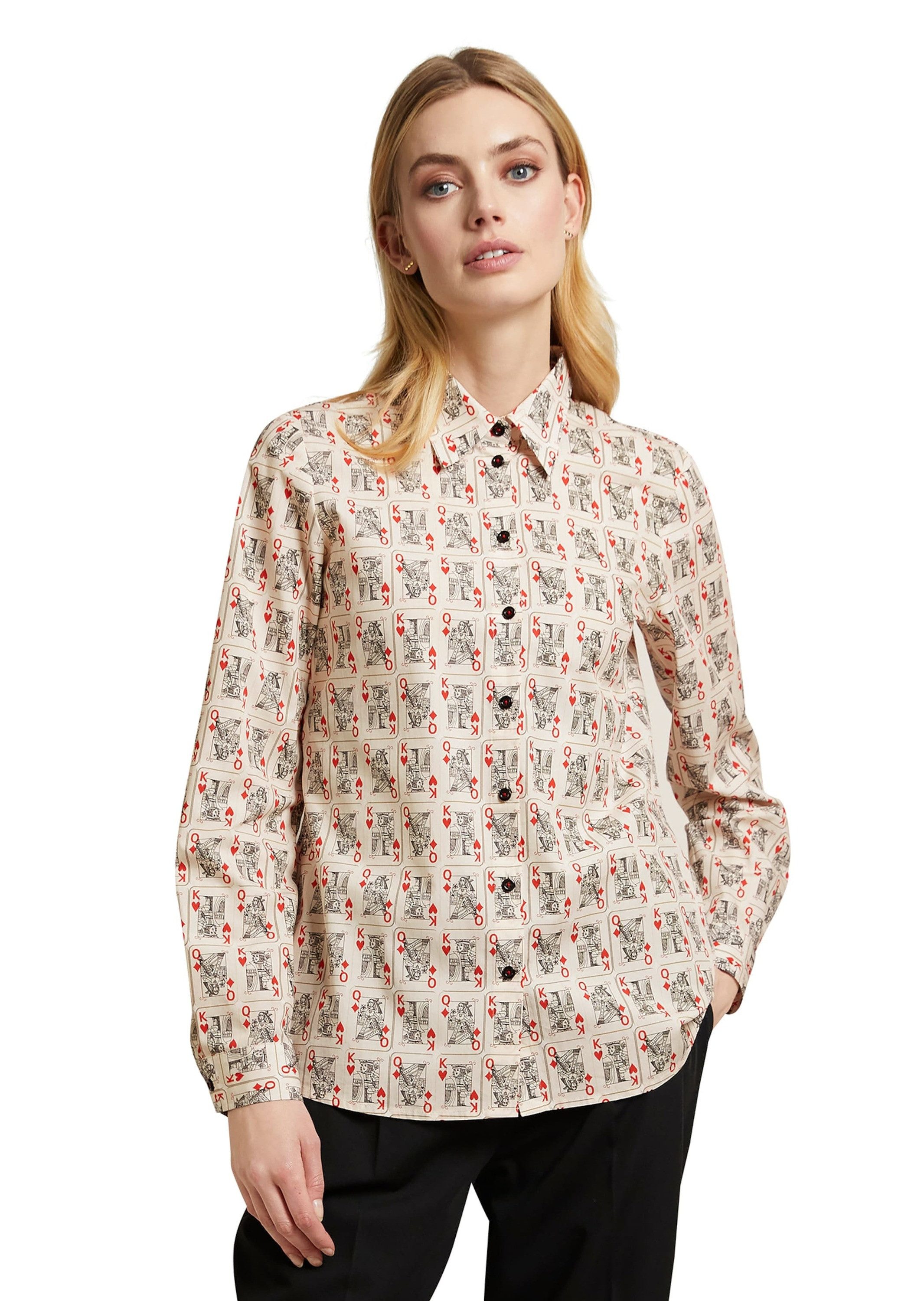 Langarmbluse Baumwollbluse mit Kartenspiel-Motiven