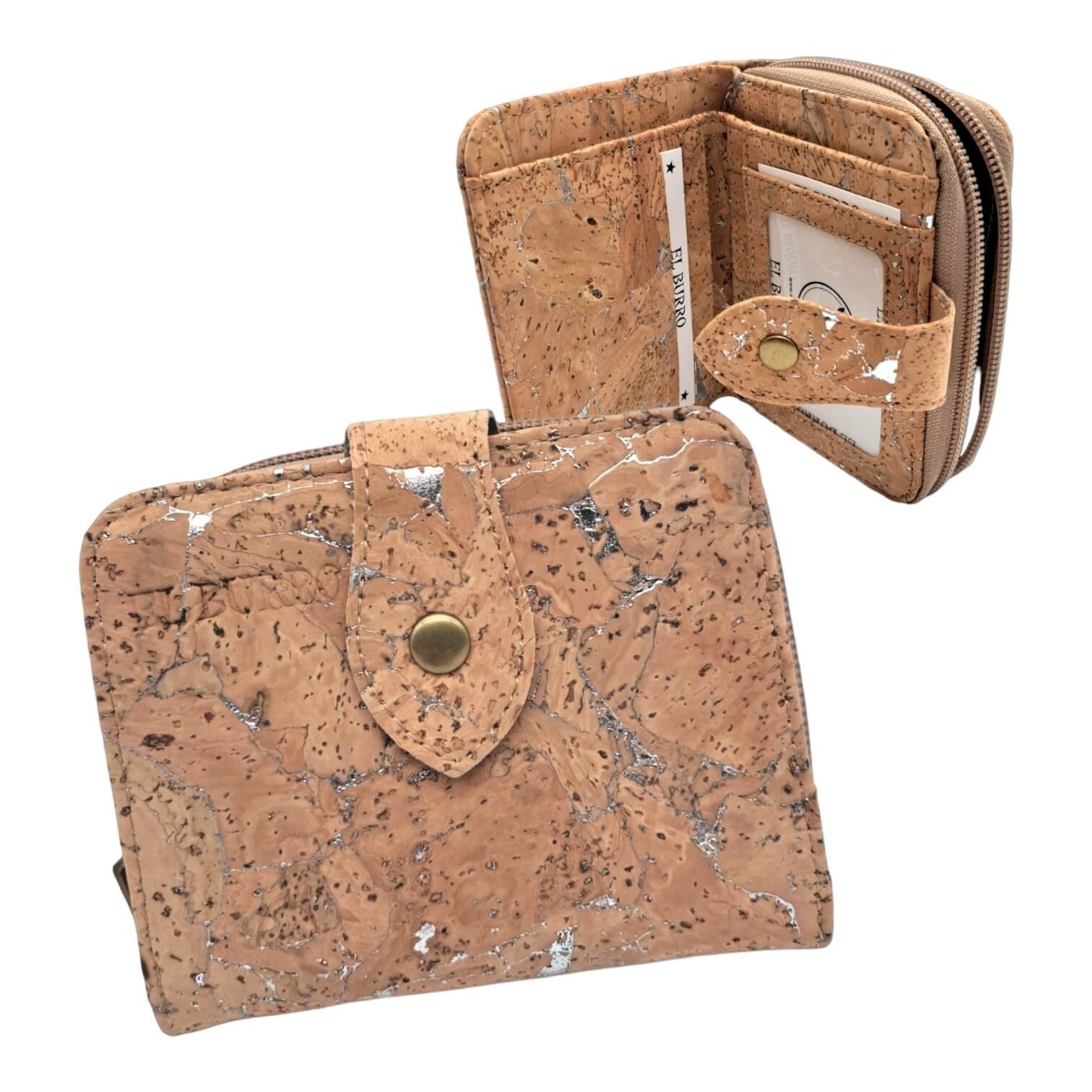 EL BURRO Geldbörse Damen Reißverschluss Geldbeutel aus Kork, 12x10 cm, Lederfrei, vegan natur-silber