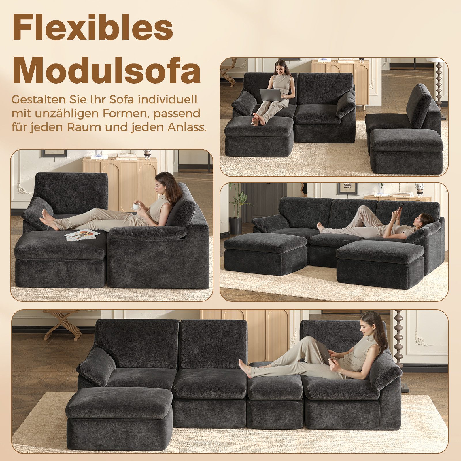Gywowken Wohnlandschaft - Modulares Sofa 240 cm breit - Couch U-Form - Vakuumverpackt, Set, mit Liegefläche - Schlafsofa - keine Montage erforderlich – Bild 4 von 5