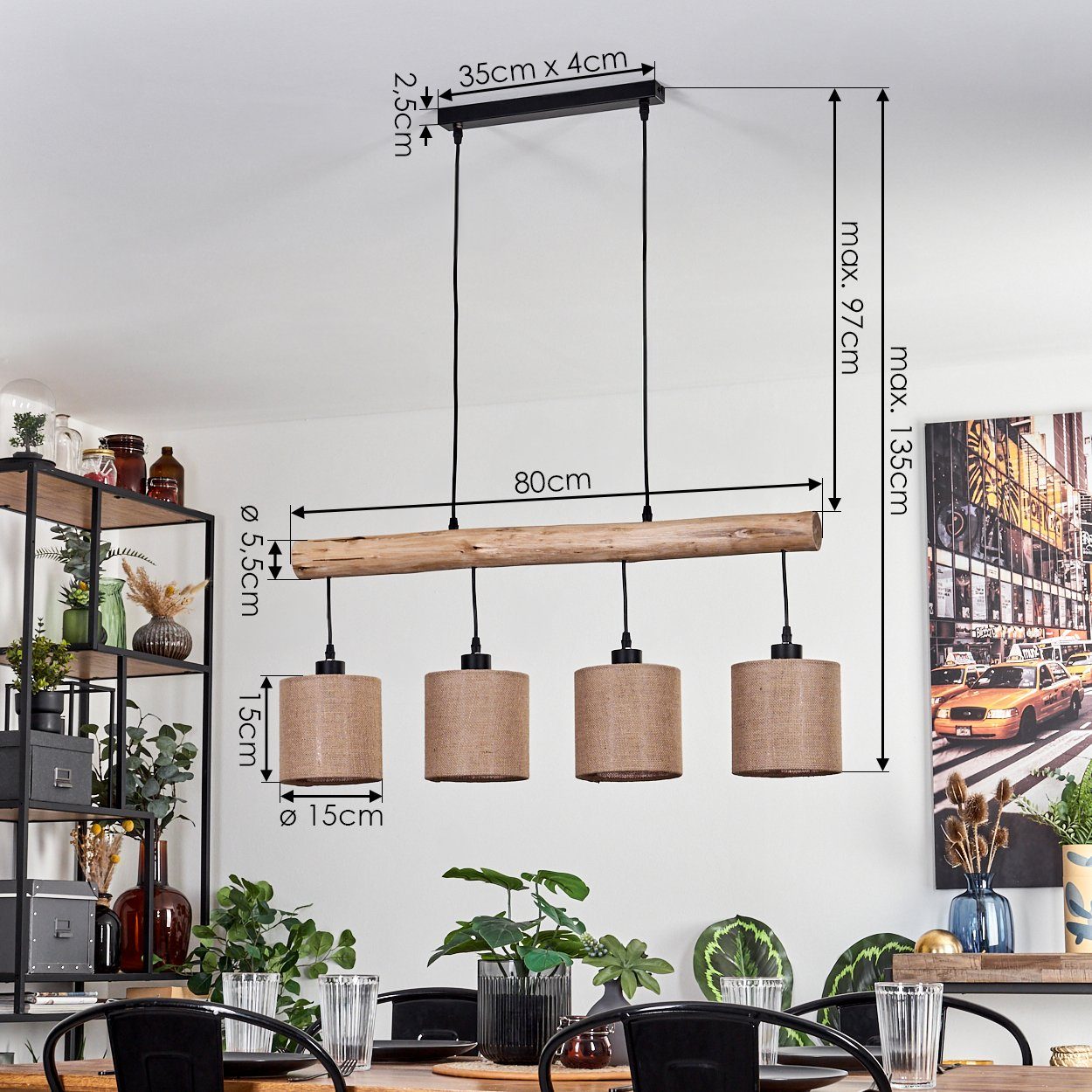 hofstein Pendelleuchte moderne Hängelampe aus Holz/Metall/Leinen in Natur/Schwarz/Beige, ohne Leuchtmittel, Hängeleuchte im skandinavischen Design, 4xE27, ohne  – Bild 4 von 5