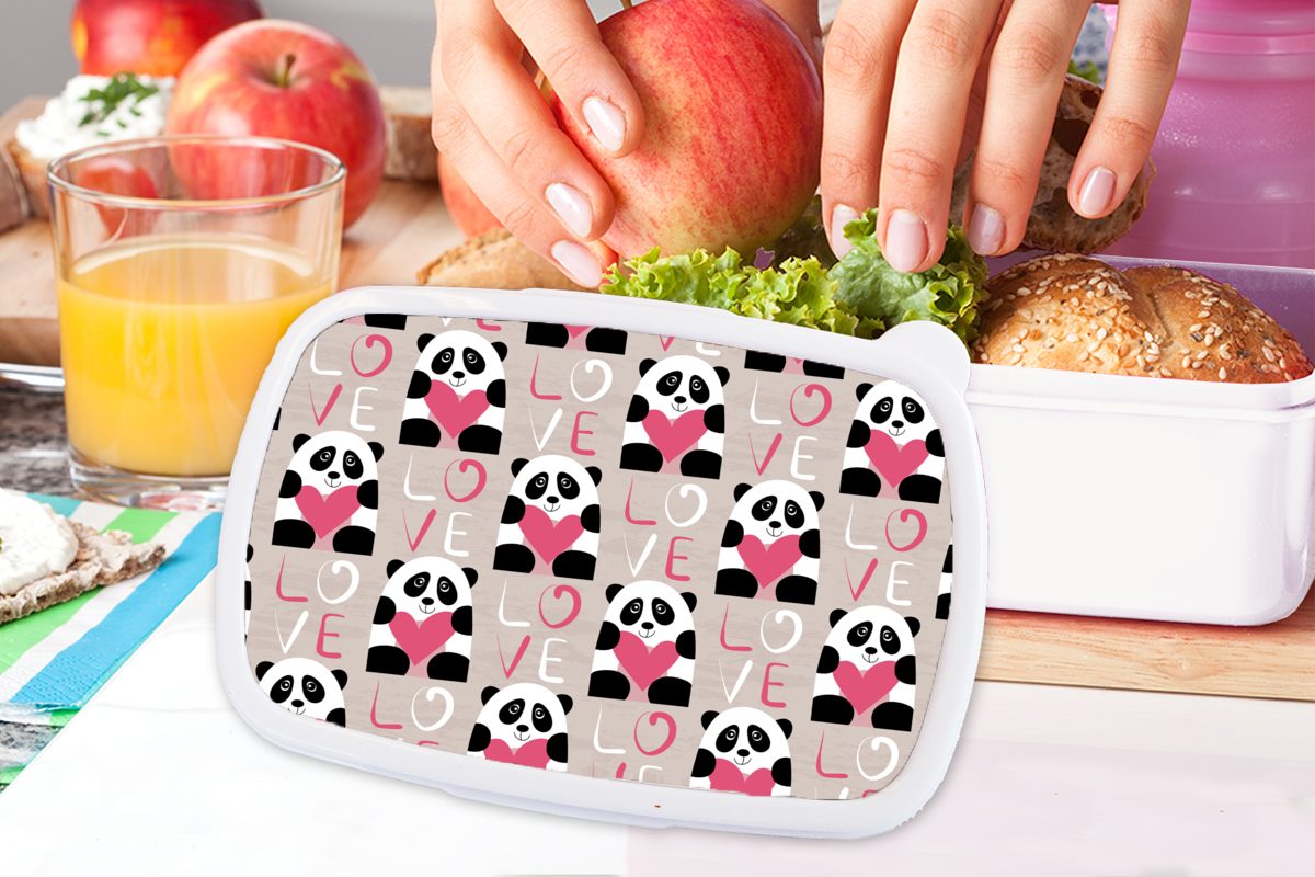 MuchoWow Lunchbox Herzen - Panda Kinder weiß Kunststoff, Mädchen (2-tlg), Brotdose, und Erwachsene, und für Muster, - Brotbox für Jungs