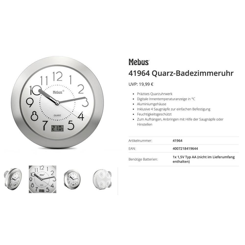 Mebus Wanduhr 41964 Quarz Wanduhr Aluminium Badezimmer-/Feuchtraum geeignet (Badezimmer-/Feuchtraum geeignet)