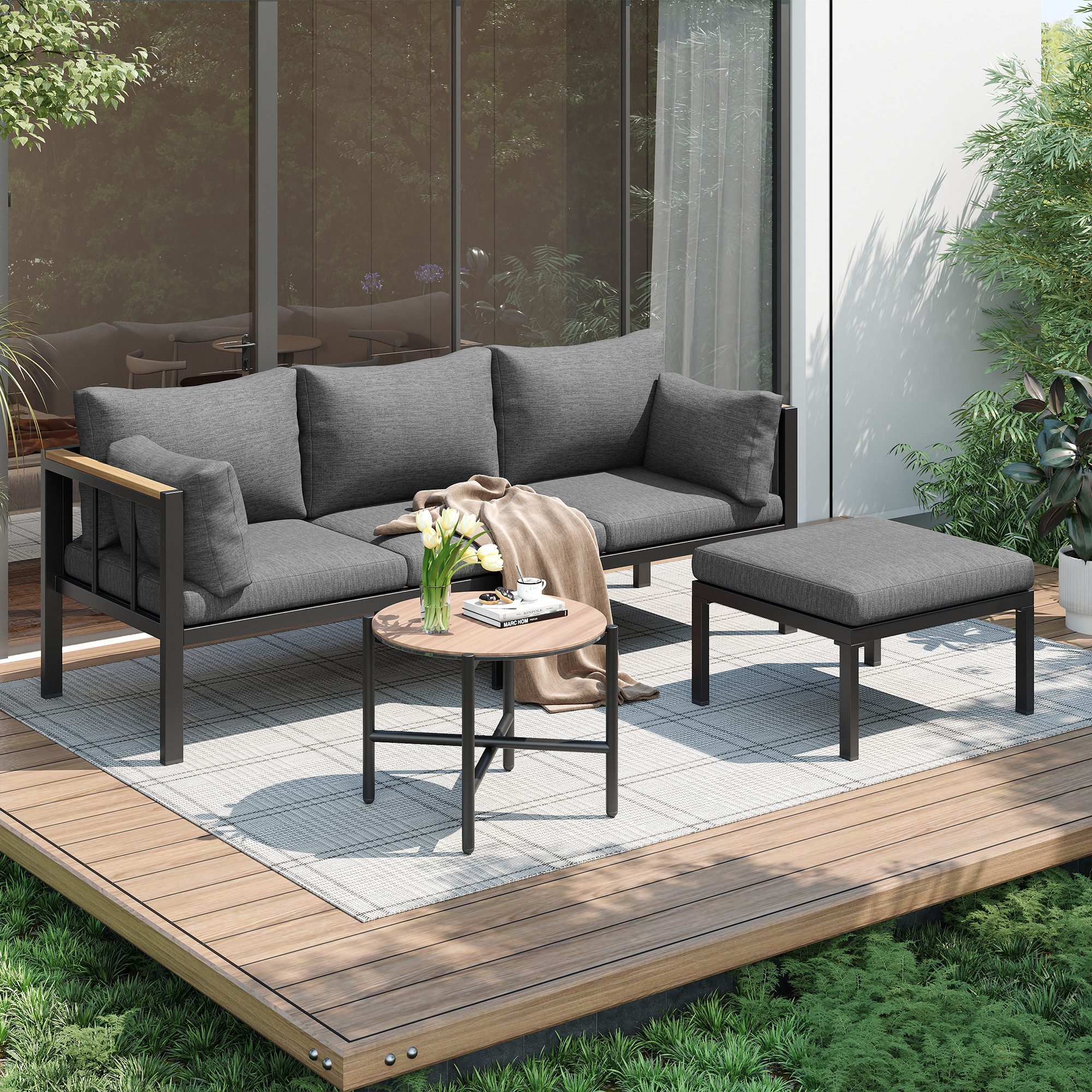 Flieks Gartenlounge-Set, 4-Sitzer Gartenmöbel Balkonset mit verzinktem Stahl + Glastischplatte