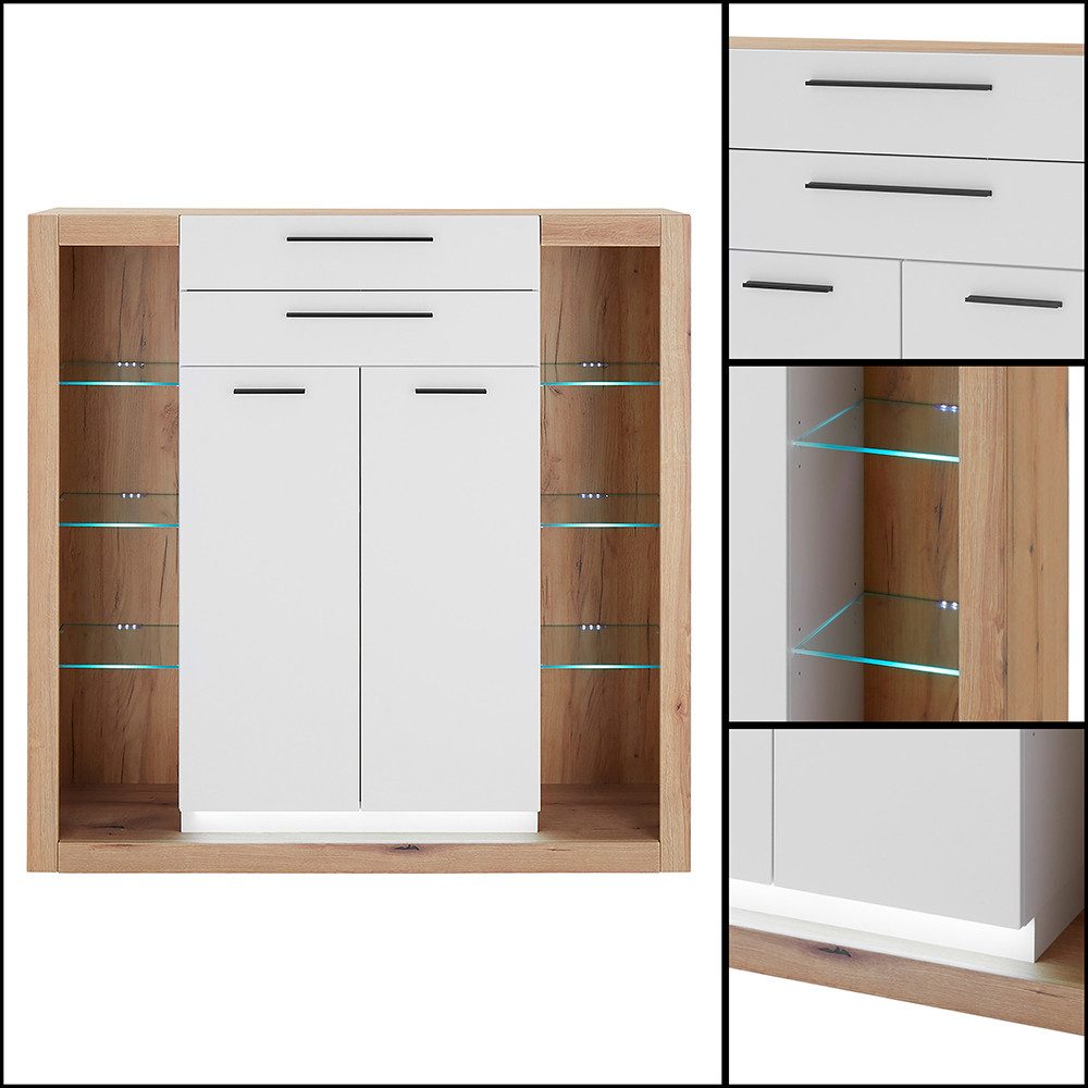 Lomadox Wohnzimmer-Set BELLAGIO-61, (Mega-Spar-Set, 5-St., Highboard Vitrinenschränke Lowboard Wandregal), in Eiche mit weißen Fronten, viel Stauraum, Glaseinlegeböden