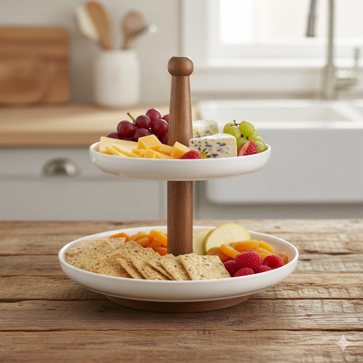 Cheffinger Etagere mit 2 Keramiktellern - Bambus-Servierständer für Gebäck & Snacks, Bambus., Keramik, (3-tlg)