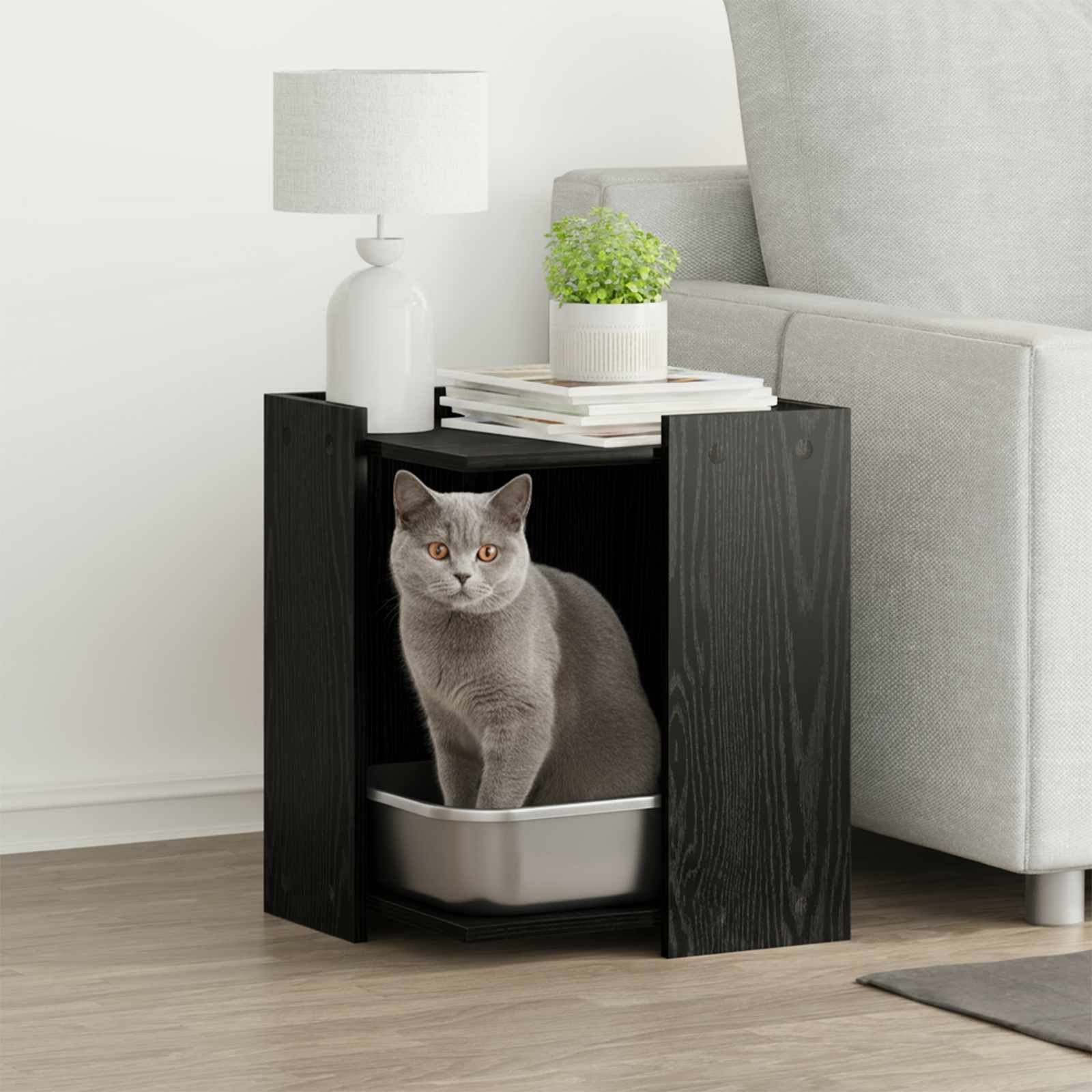vidaXL Katzenhaus, Katzenstreu Box Umzäunung Schwarz Eichen-Optik 42 x 42 x 51 cm