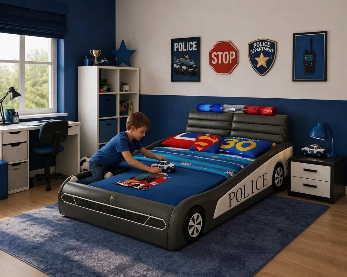 JVmoebel Autobett Schwarzes Kinderbett Polizeiauto LED Bett für Jungen Kinderbetten, Made in Europa
