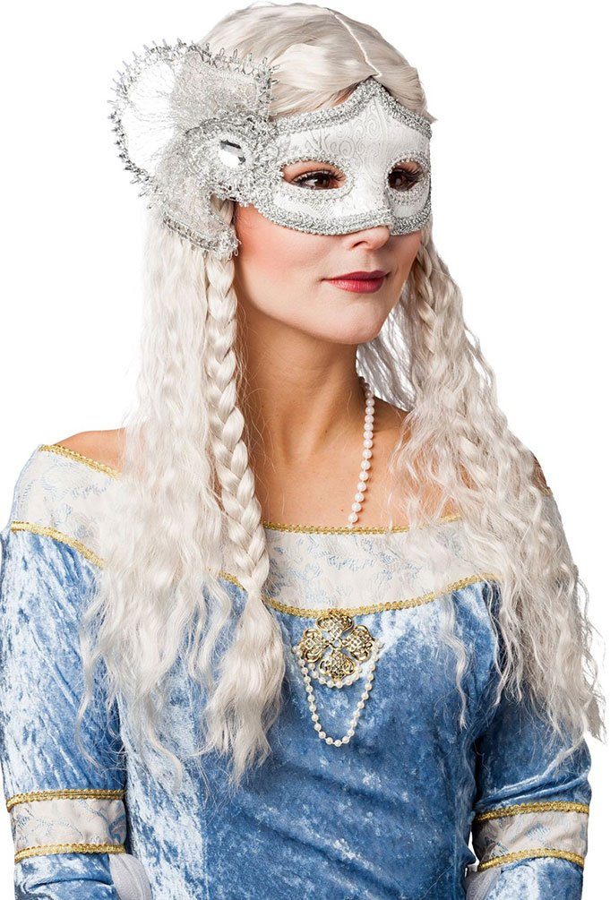 Karneval-Klamotten Kostüm Augenmaske Damen weiß-silber Venezianische Maske, Larve Maske mit Spitze Damenmaske Venedig Luxus Rokoko Burgfräulein