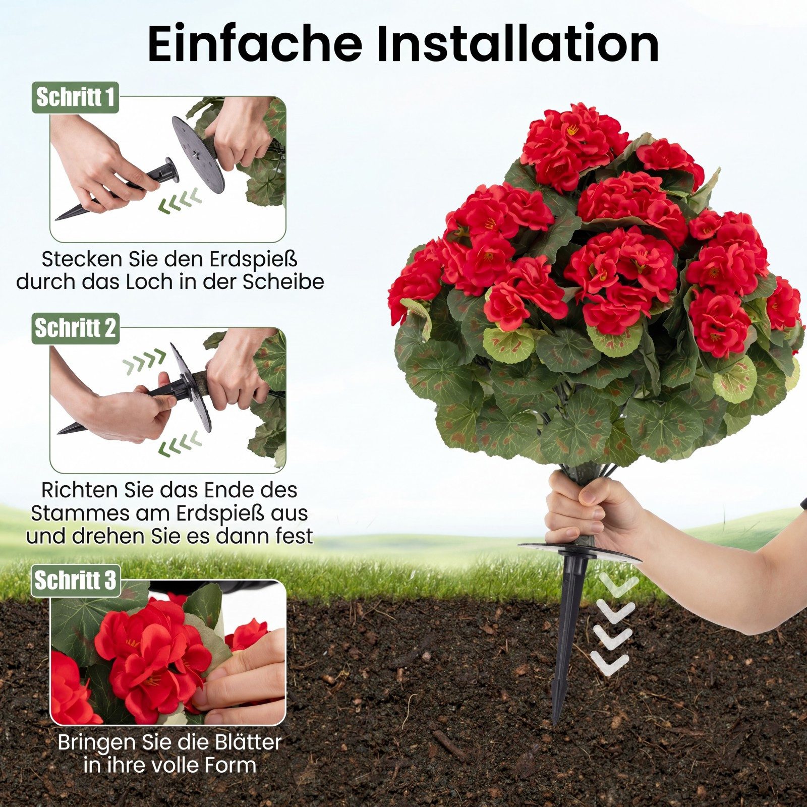 Kunstpflanze Geranien, COSTWAY, Höhe 33 cm, Mit realistischer PE-Stamm & Aluminiumlegierung-Erdspieß