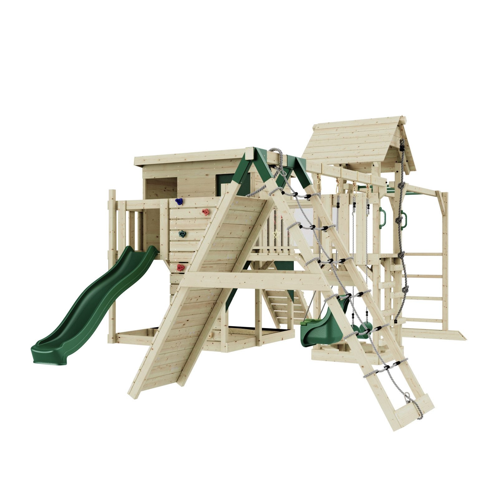OutdoorToys Spielturm Malin, aus Holz in Dunkelgrün mit Babyschaukel & Rutsche, Kletterwand