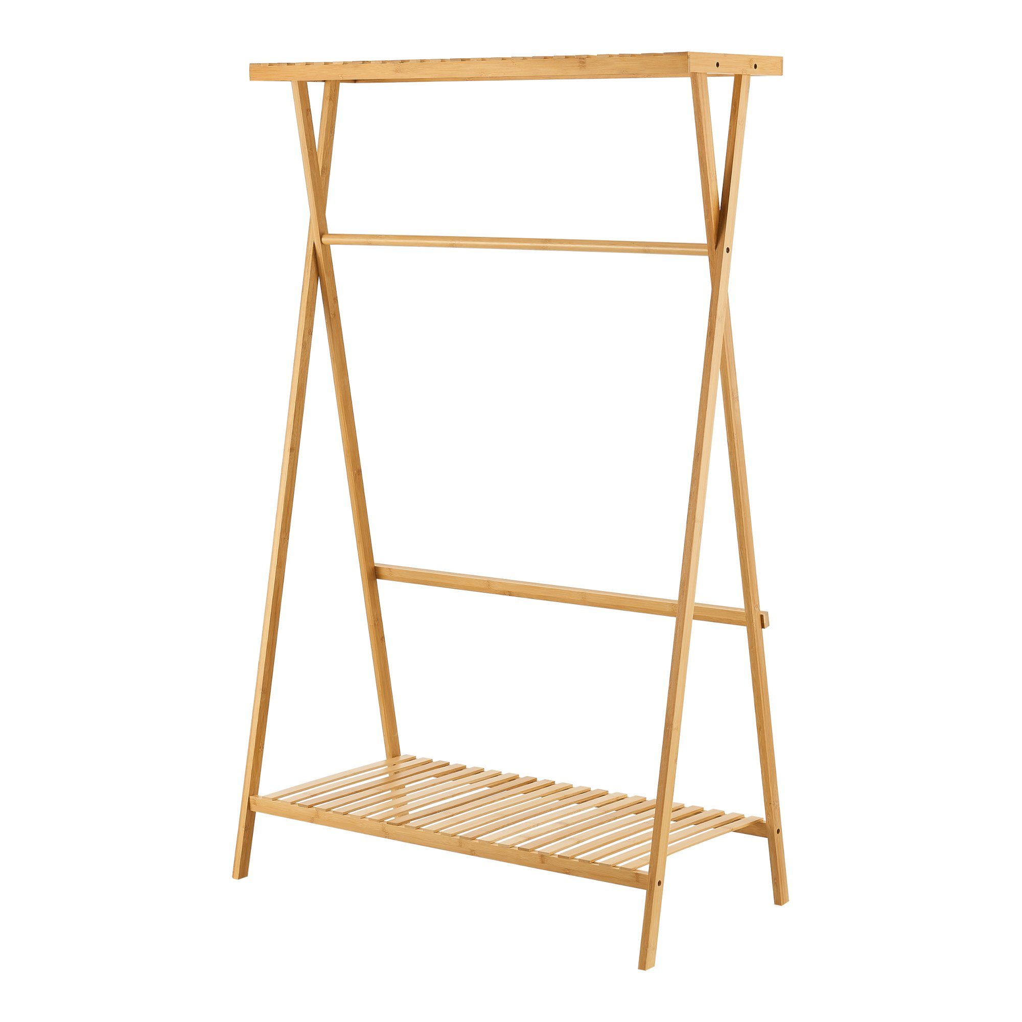 en.casa Garderobenständer, »Horten« mit Kleiderstange und 2 Ablagen Bambus 140x90x45 cm