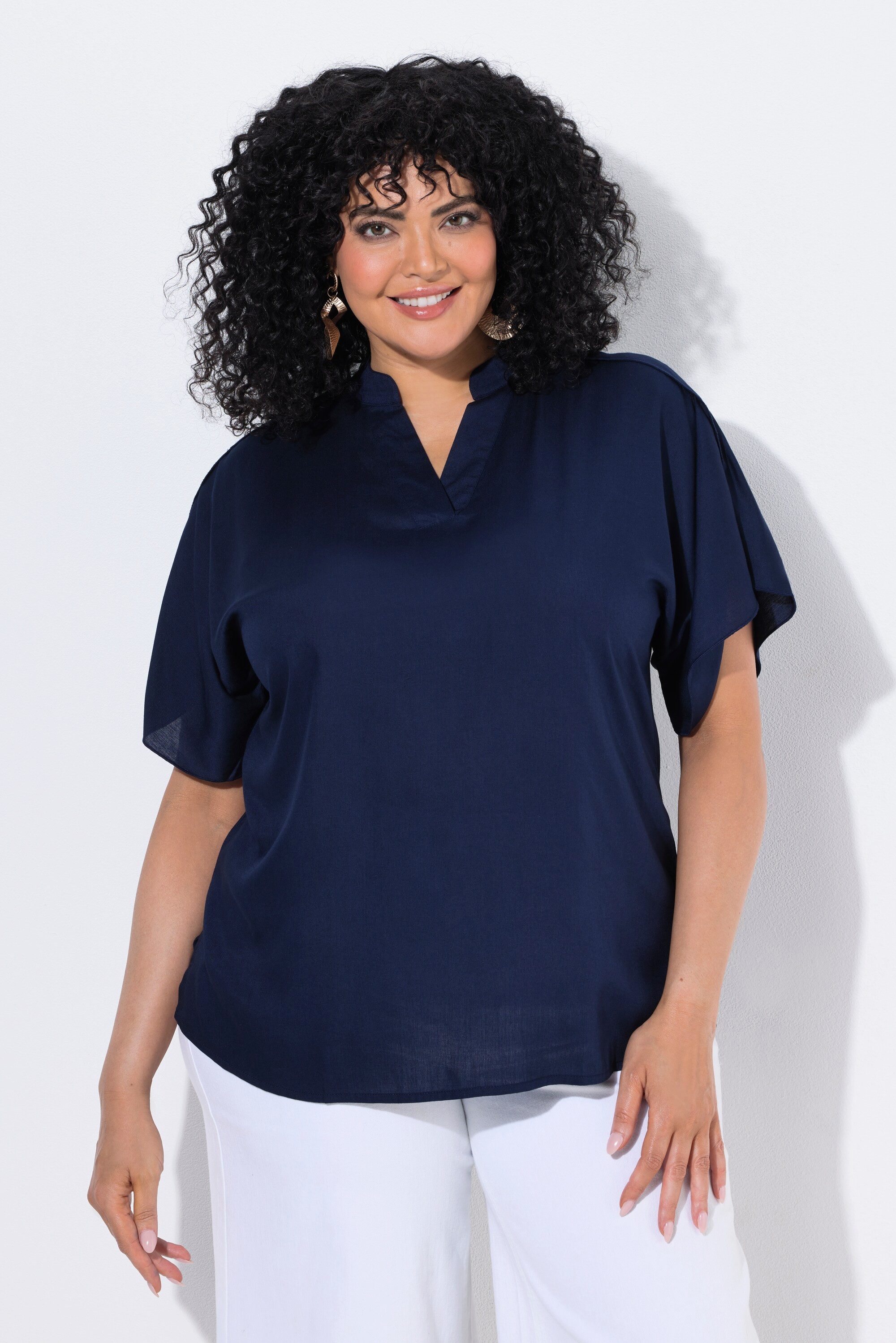 Hemdbluse Tunika Oversized Stehkragen V-Ausschnitt Halbarm