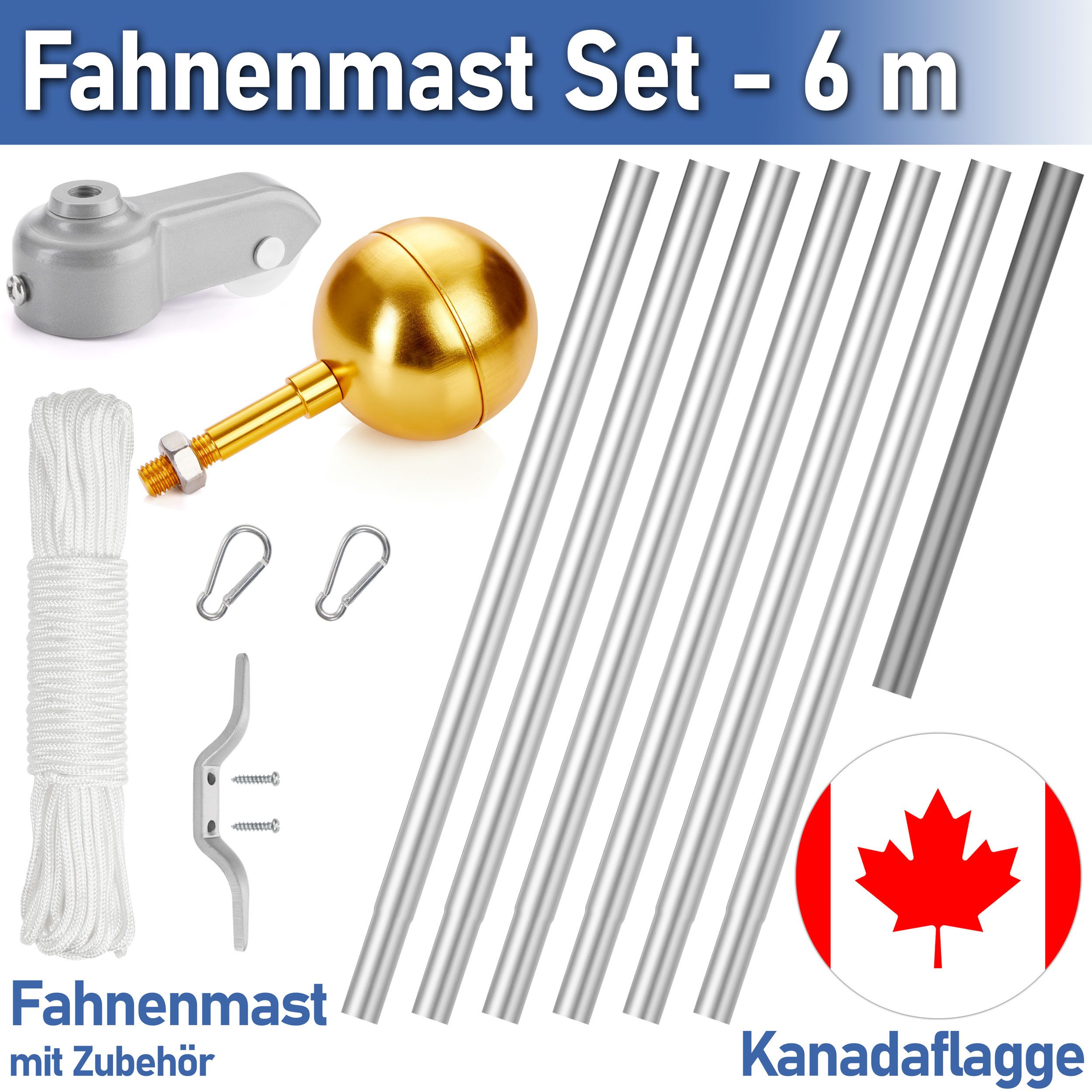 BRUBAKER Fahnenmast Fahnenmast inkl. Kanadaflagge und Kugelspitze Gold, (Aluminium Flaggenmast mit Erdhülse für Garten und Camping), + Kanada Flagge 150 x 90 cm