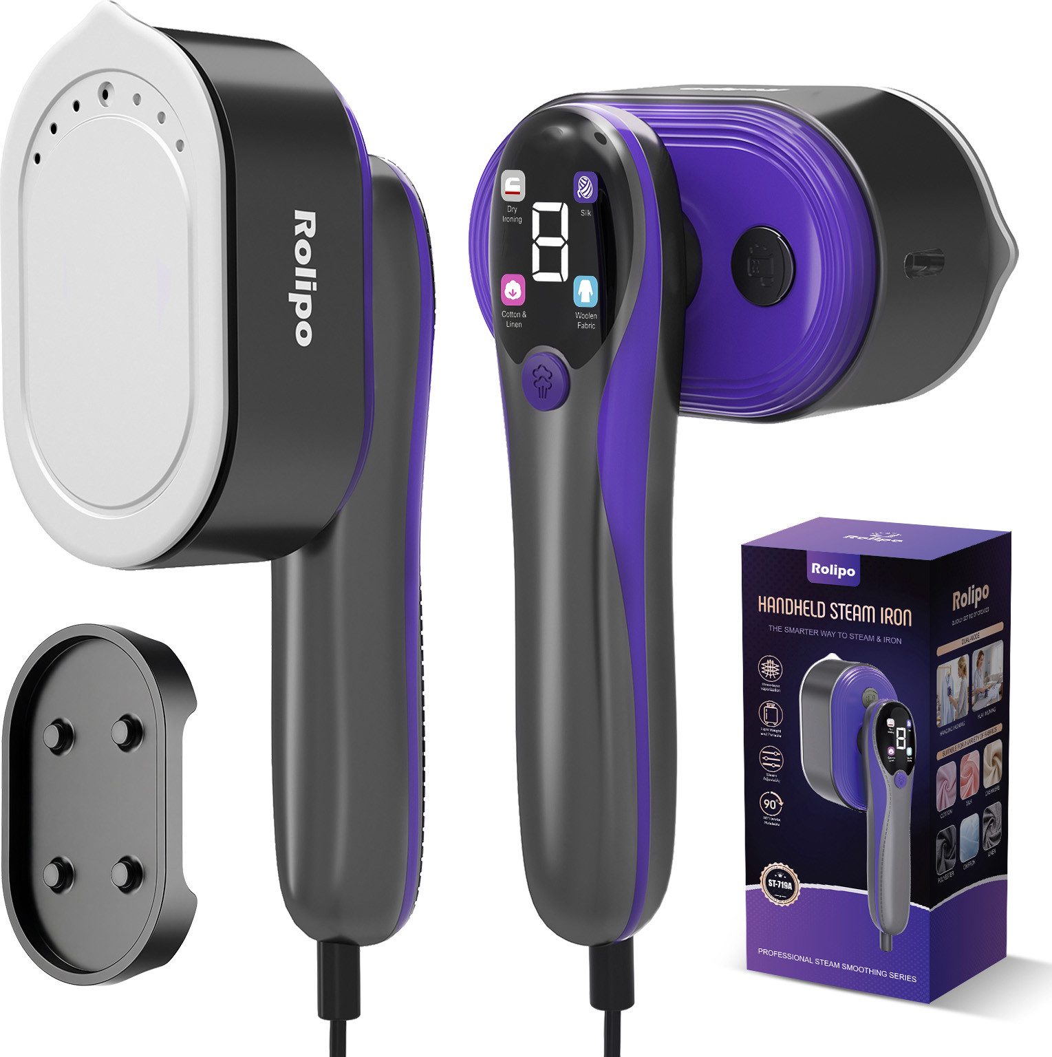 Rolipo Dampfglätter Dampfbürste, Steamer 110 ml Wassertanks, 20S Schnelles Aufheizen, 1200 W, 20g/min Starke Dampfleistung, Reisebügeleisen, LED Display