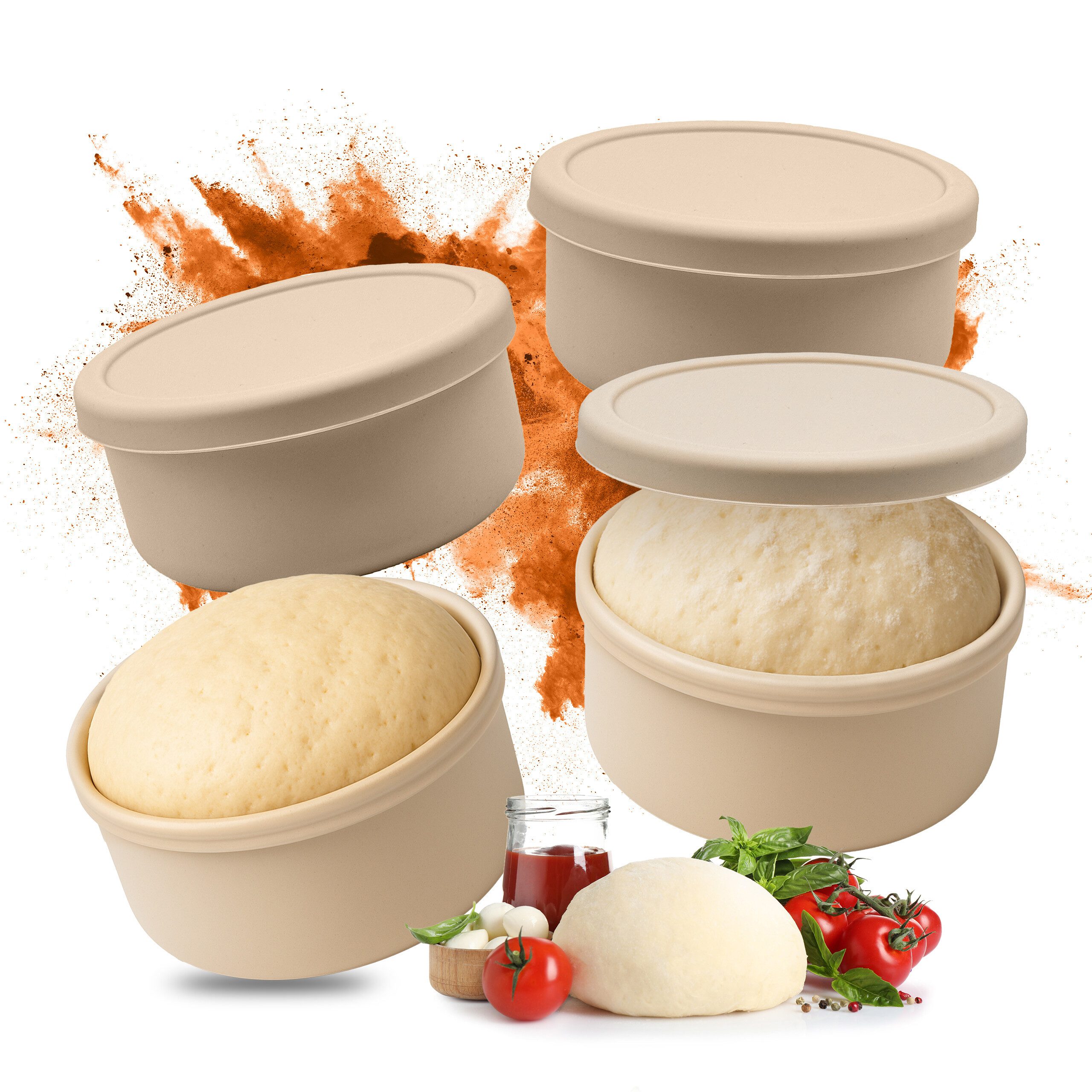 relaxdays Vorratsdose Pizzaballenbox mit Deckel 4er Set, Silikon, (4-tlg), Beige
