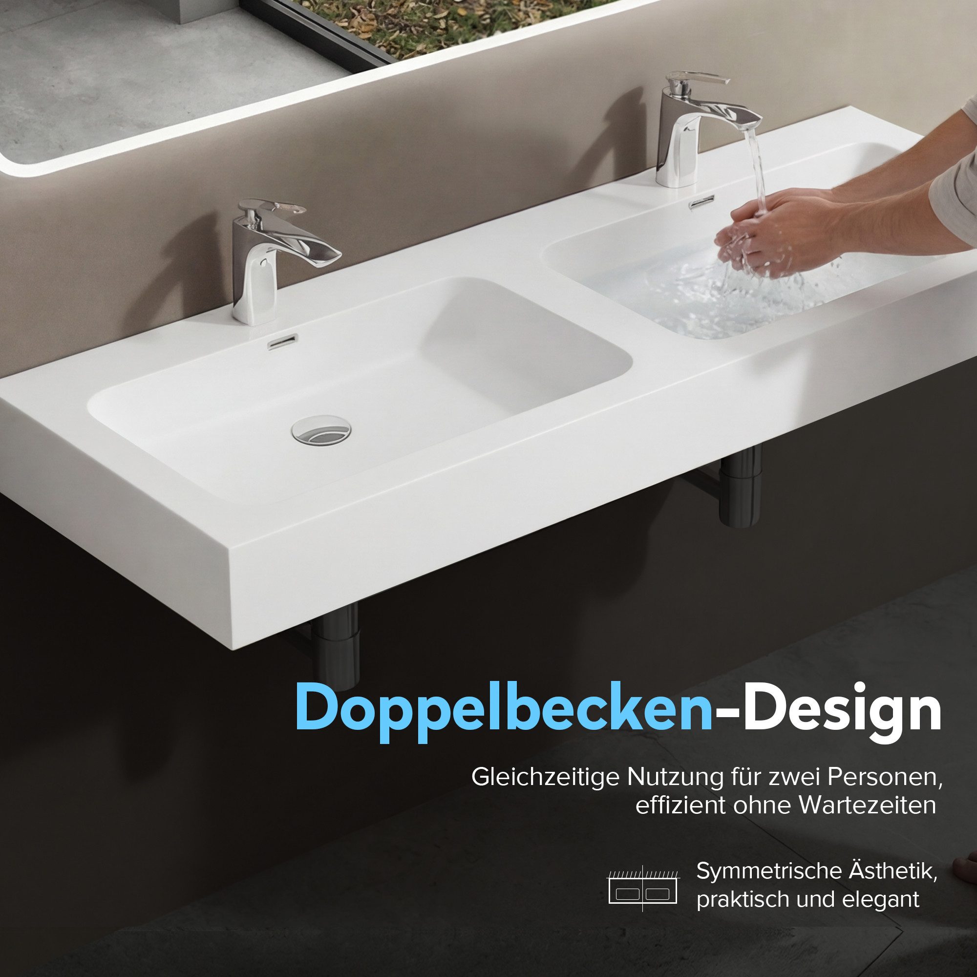 doporro Waschbecken Waschtisch Doppelwaschbecken Mineralguss BTH: 140x48x13 Colossum830