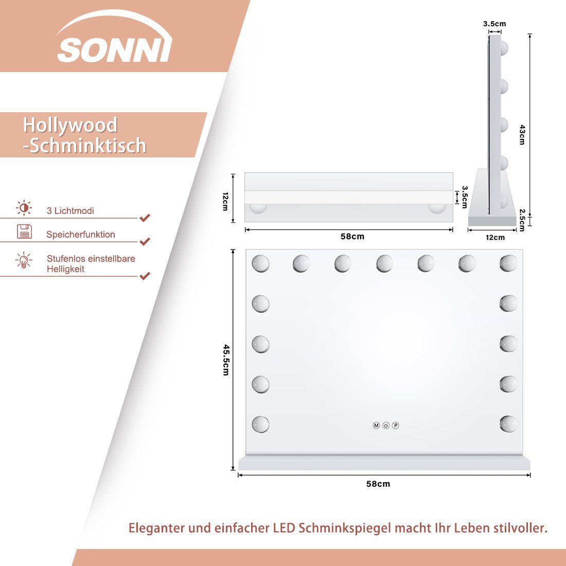 LED-Leuchten, Speicher Kosmetikspiegel 3 einstellbare Leuchten Schminkspiegel SONNI mit mit