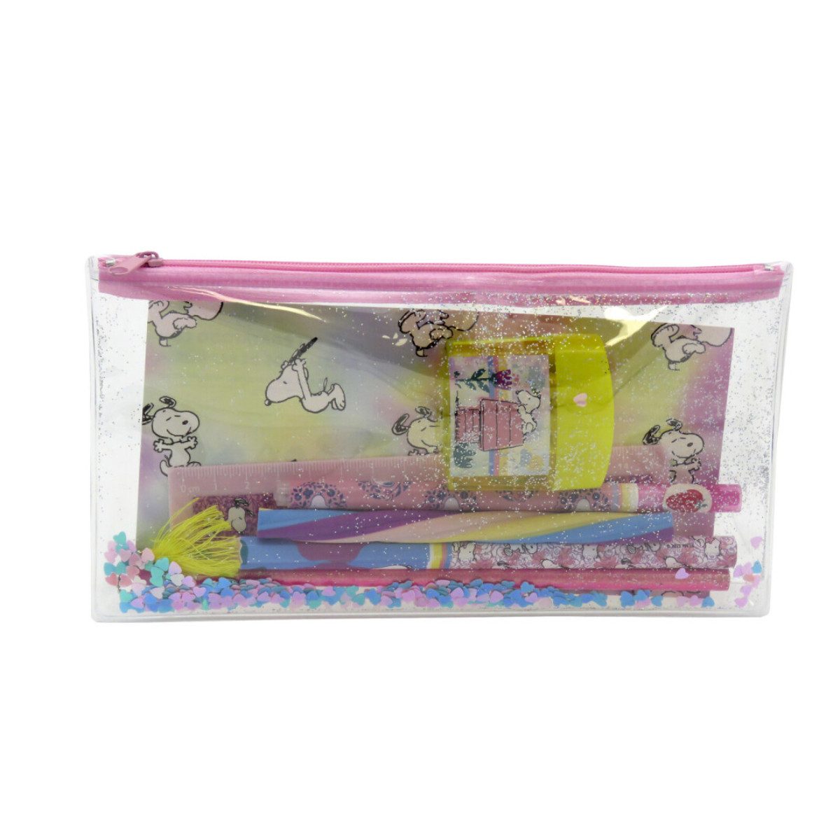 Snoopy Federmäppchen Schreibwaren Set mit Federmäppchen Lineal Radiergummi und Stift, (Set)