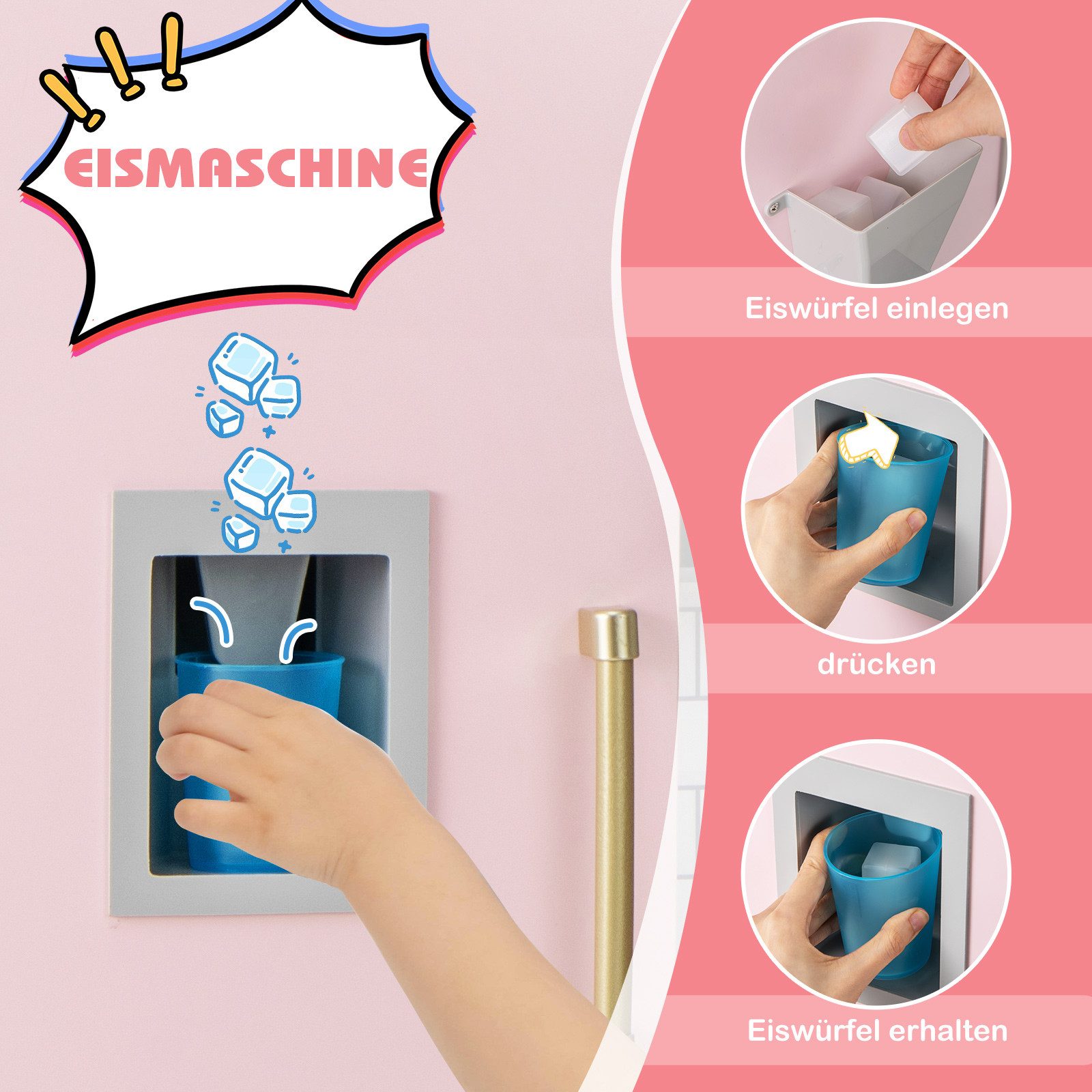 COSTWAY Spielküche, Kinder Küche mit Eismaschine & Tafel