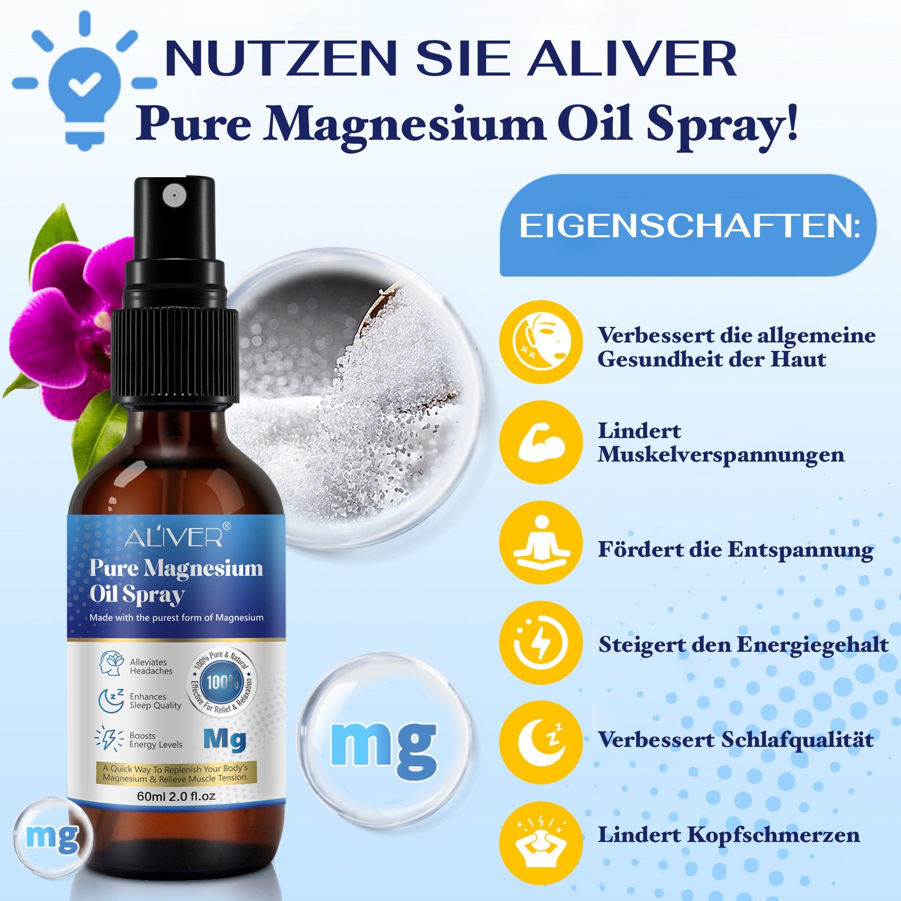 ALIVER Gesichts- und Körperspray Pure Magnesiumöl Spray für Sport Muskel Entspannung 60ml, 3-tlg., 60ML