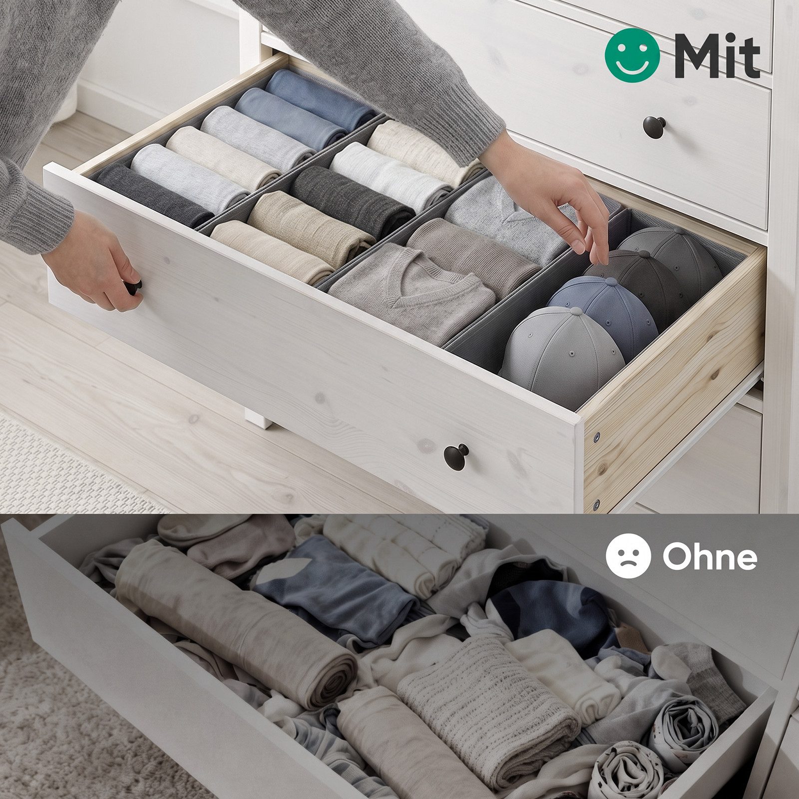 Sekey Aufbewahrungsbox Schubladen Organizer aus Vliesstoff – faltbare Aufbewahrungsboxen, 4er-Set, 20,5×41×11 cm für HEMNES 108cm, ohne Fächer für Kleidung – Bild 4 von 5