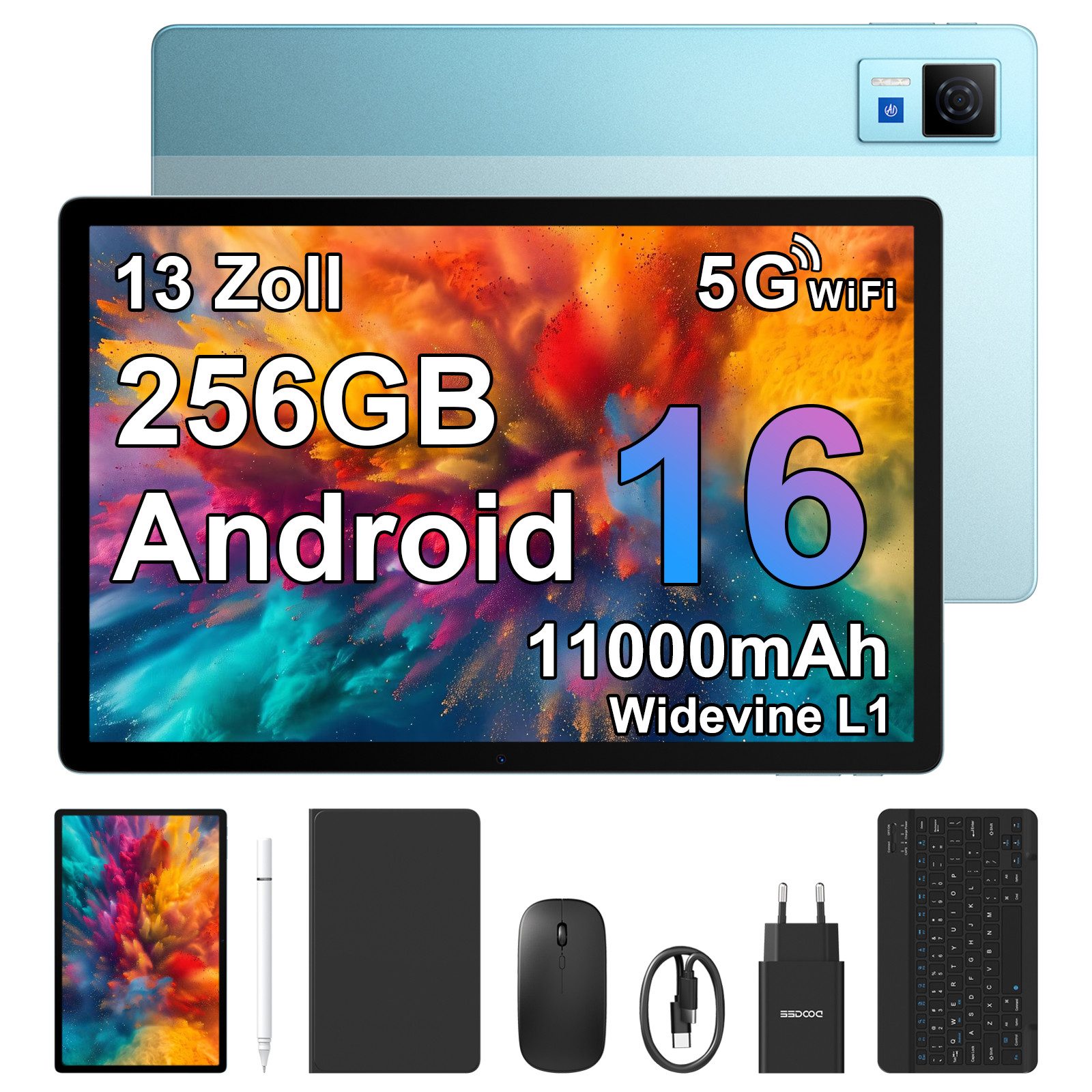 DOOGEE U13 Android 16, 32GB RAM+256GB ROM (2TB TF), 11000mAh Tablet (13", 256 GB, Android 16, Tablet-Set inkl. Stift, Tastatur, Maus, Schutzhülle, 5G WiFi, 13MP+5MP)
