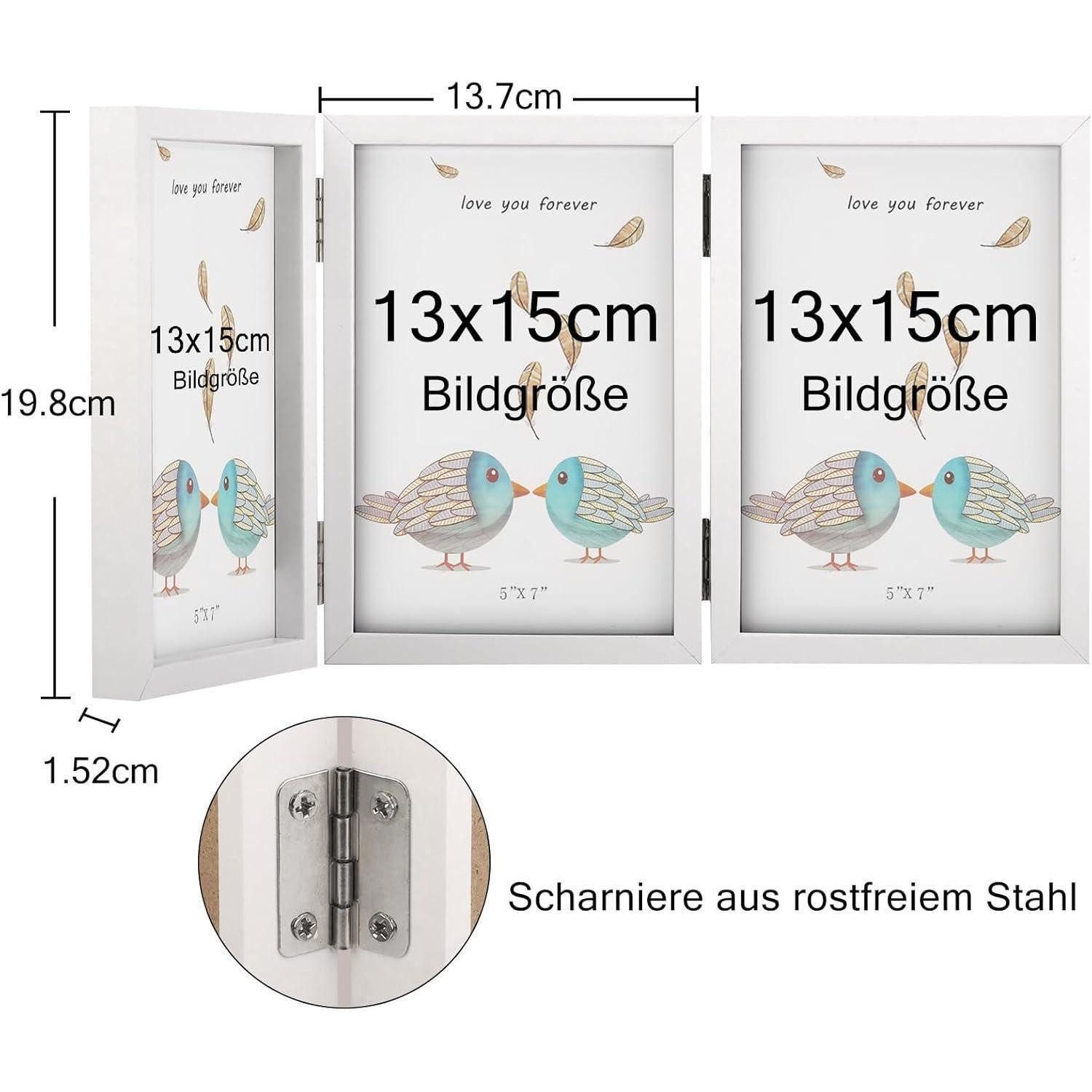 LuxusKollektion Bilderrahmen Collage Bilderrahmen für 3 Fotos 13x18 cm Holz Weiß Aufklappbar mit Glasfront