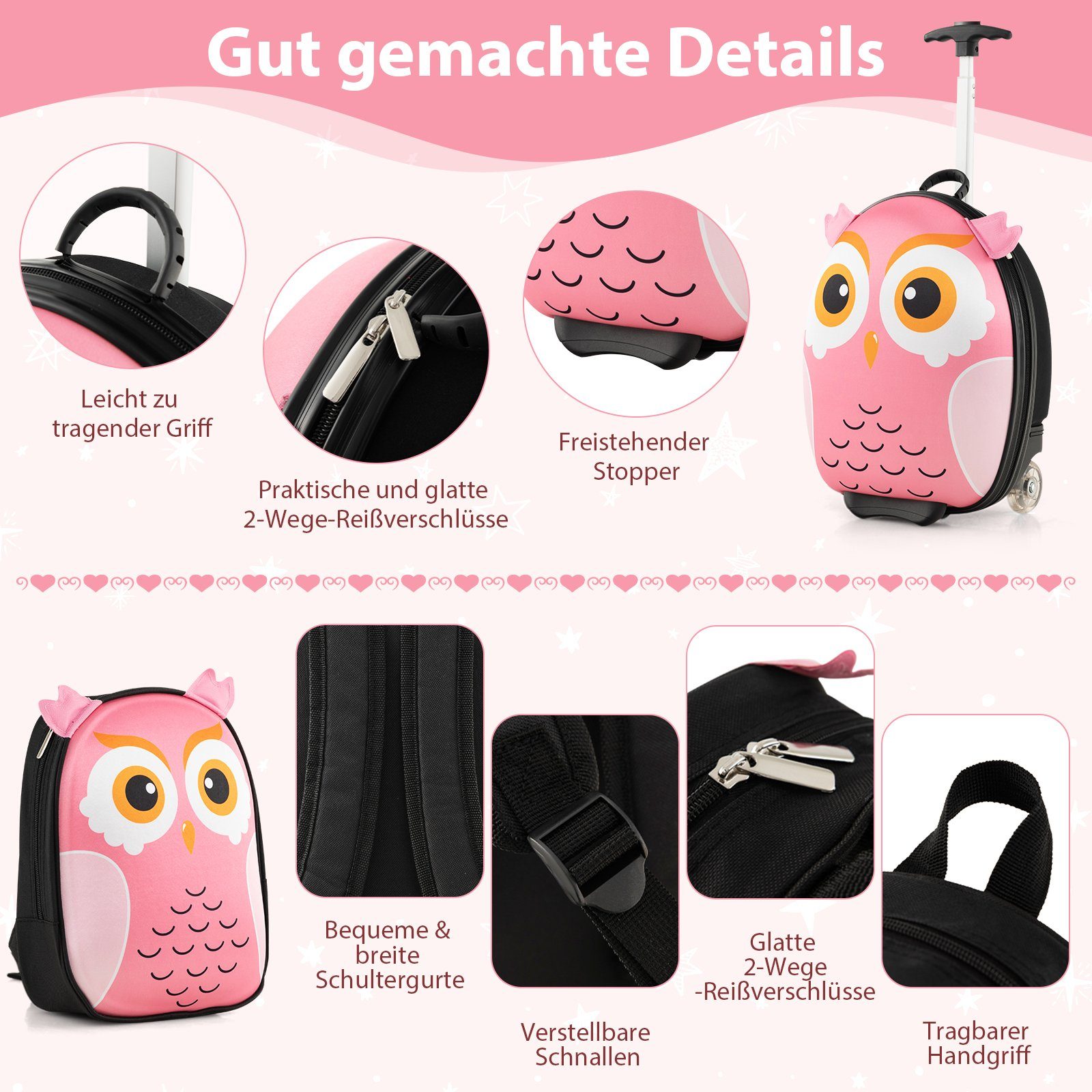COSTWAY Kinderkoffer Kindertrolley Set, verstellbar, mit Rucksack