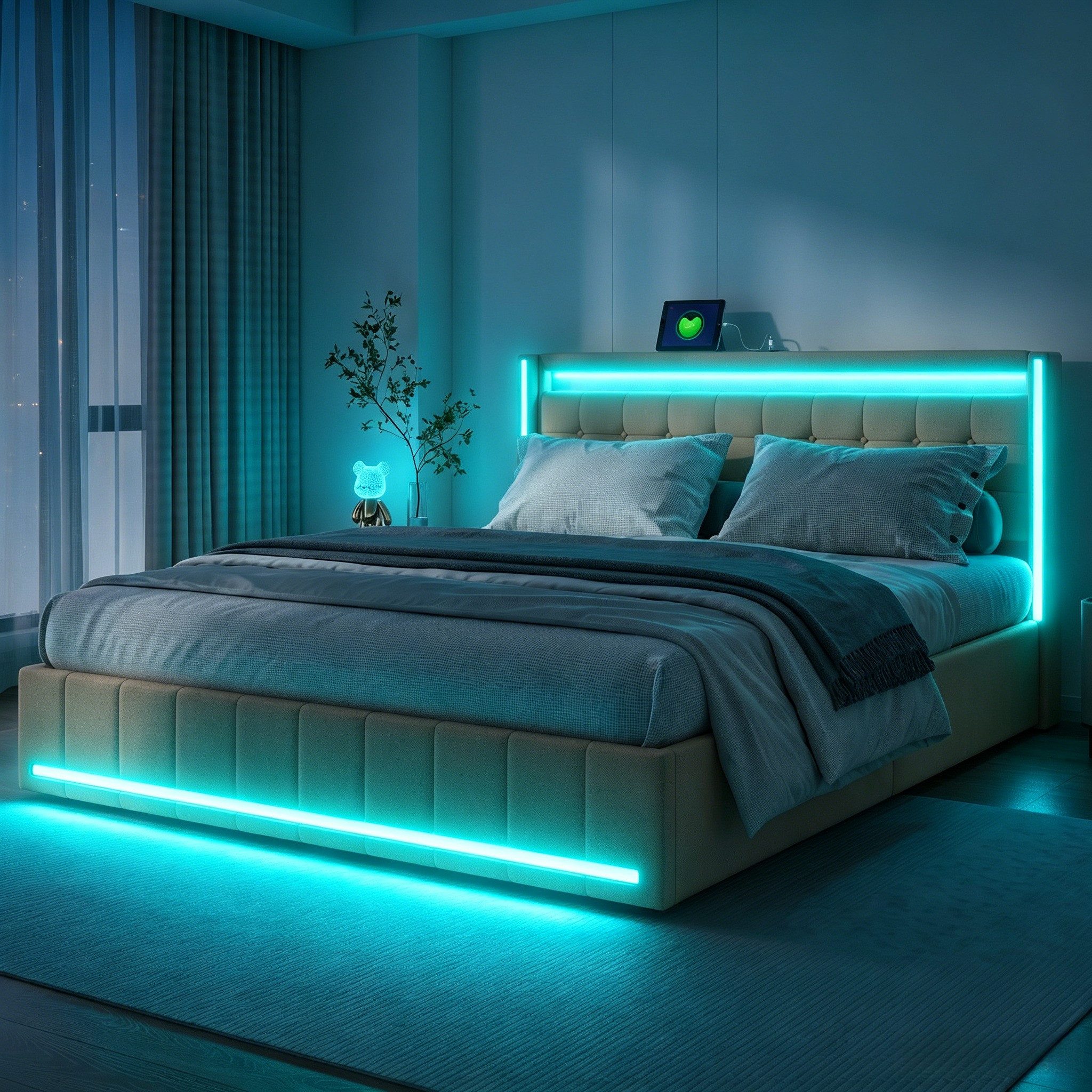 Furnishings Home Polsterbett LED Doppelbett Stauraumbett mit Kopfteil und 4 Schubladen (Leinenmaterial Polsterbett mit RGB Beleuchtung), mit Lattenrost und Ladefunktion, mit Komforthöhe, Leises Design Bett