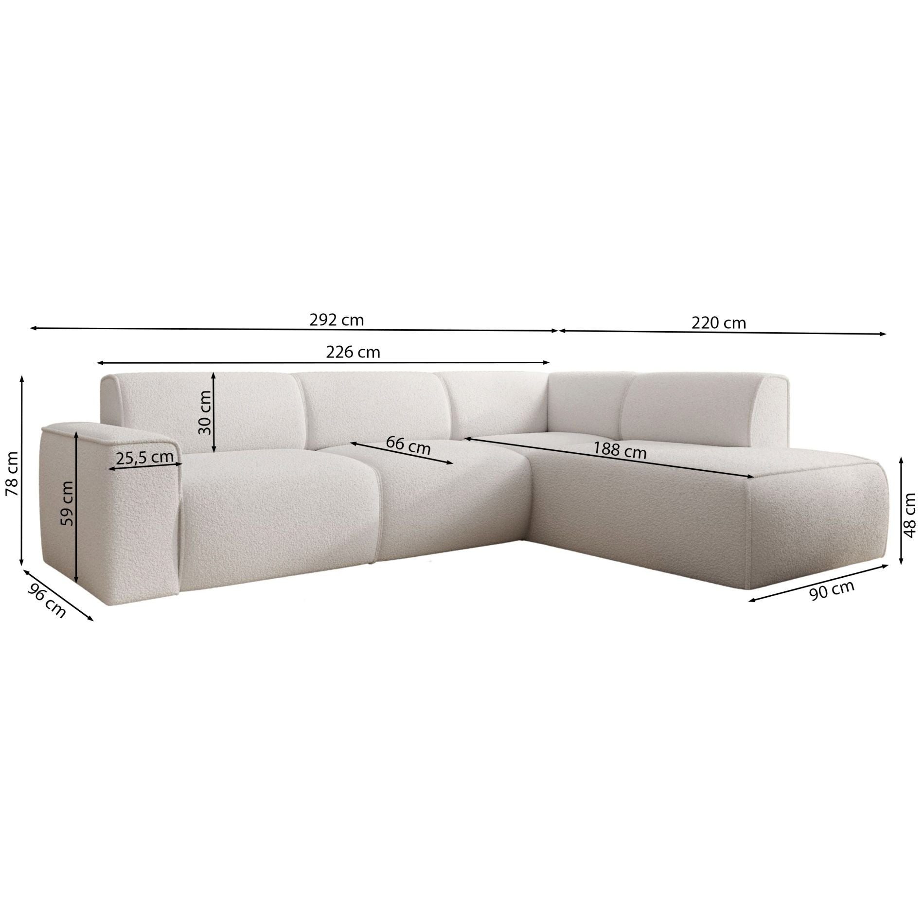 Selsey Ecksofa BOUVI, Ecksofa mit Rückenlehne an der Ottomane, Bouclé, 292 cm