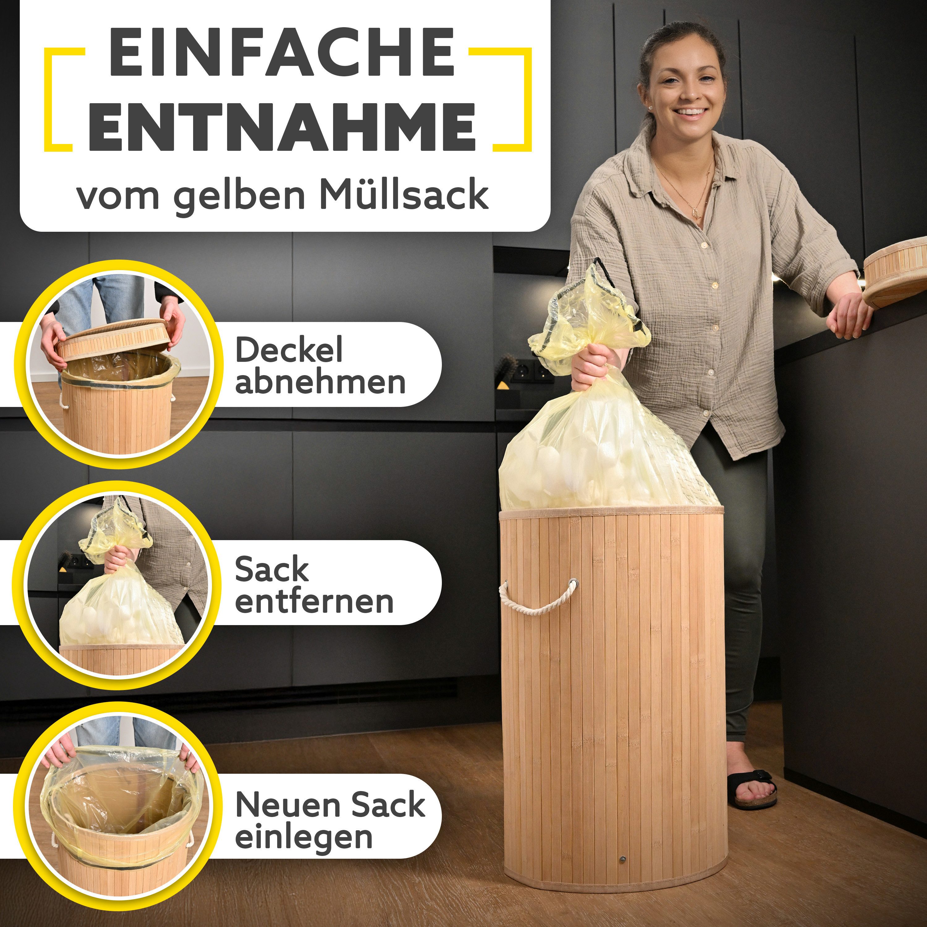HANDFILL Flaschensammler Wäschekorb, Pfandflaschensammler & für Gelbe Säcke Rund Bambus 55L (Mehrzweck Bambusständer Set für Gelbe Säcke, Pfandflaschen & Wäsche, Bambus Pfandflaschen- & Wäschesack-Ständer Set für Zuhause), Vielseitiger Bambus Pfandflaschensammler & Wäschekorb für Gelbe Säcke