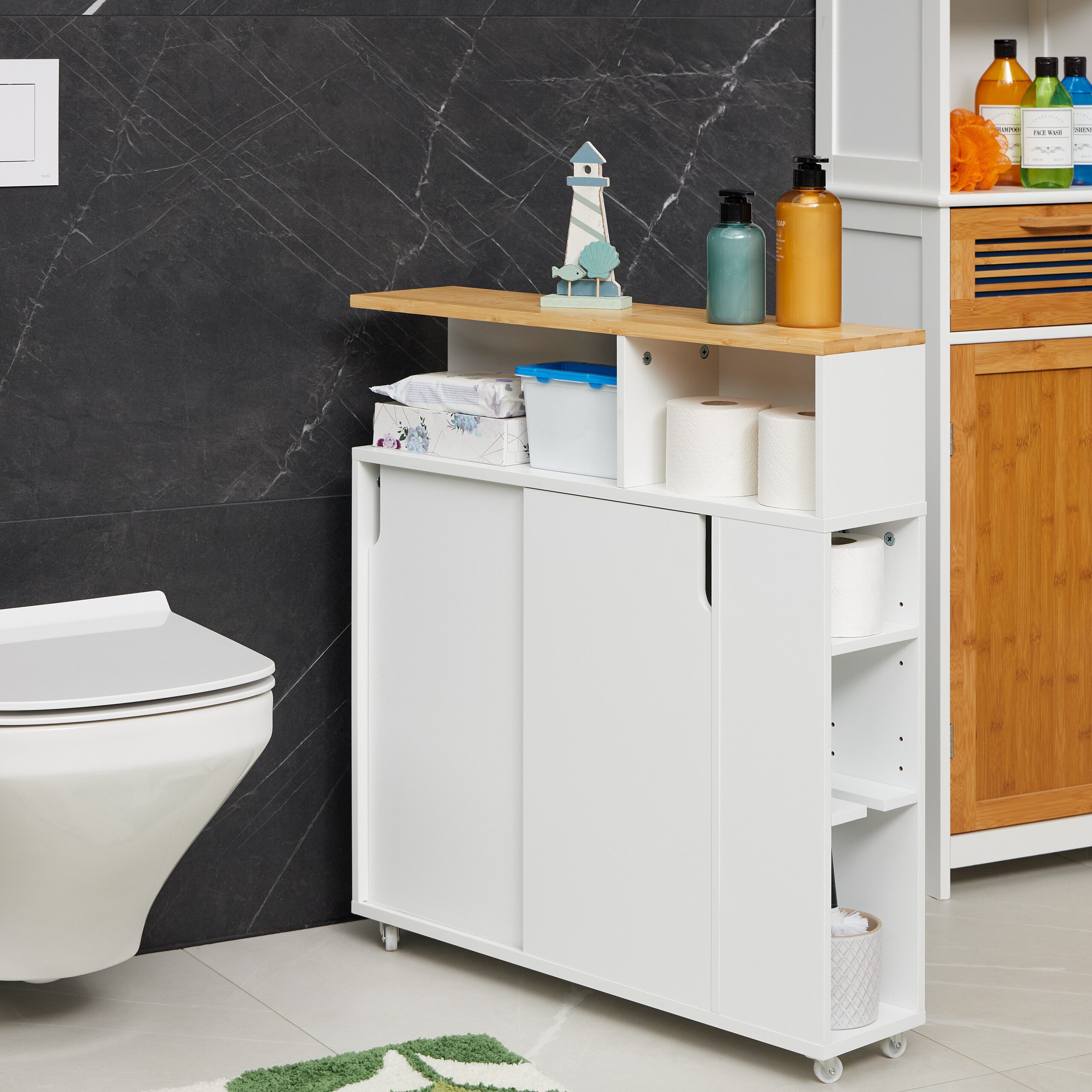 relaxdays Badregal Weißer Nischenschrank mit Bambusablage