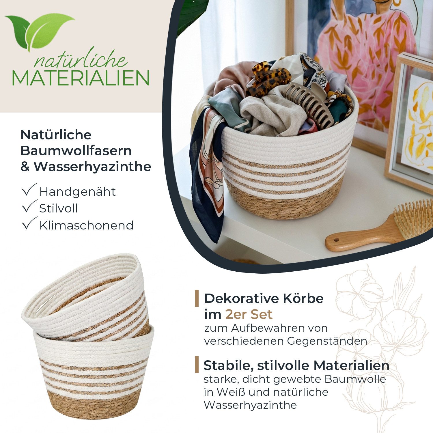 HMF Aufbewahrungskorb Materialmix aus 60 % Baumwolle, 40% Polyester, Seegras (2er-Set), und Seegras für Badezimmer, Küche und Wohnbereich, 27 x 19 cm, Weiß
