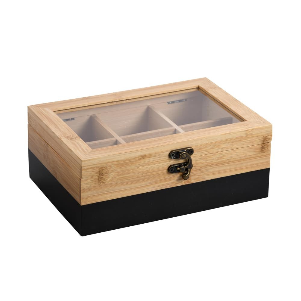 Kesper Aufbewahrungsbox Tee-Box aus FSC®-zertifiziertem Bambus, 21,5x15x8,5 cm, 6 Fächer, Mit Sichtfenster, Retro-Verschluss, Farbe Schwarz-Natur – Bild 2 von 3